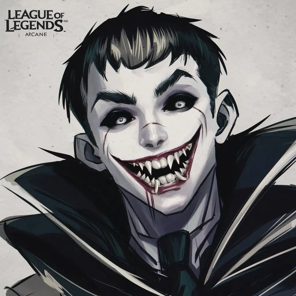 Male Fangs resembling vampire teeth, buzz cut hair style, laughing, black eyes, drawing style lague of legends arcane,dark,scary