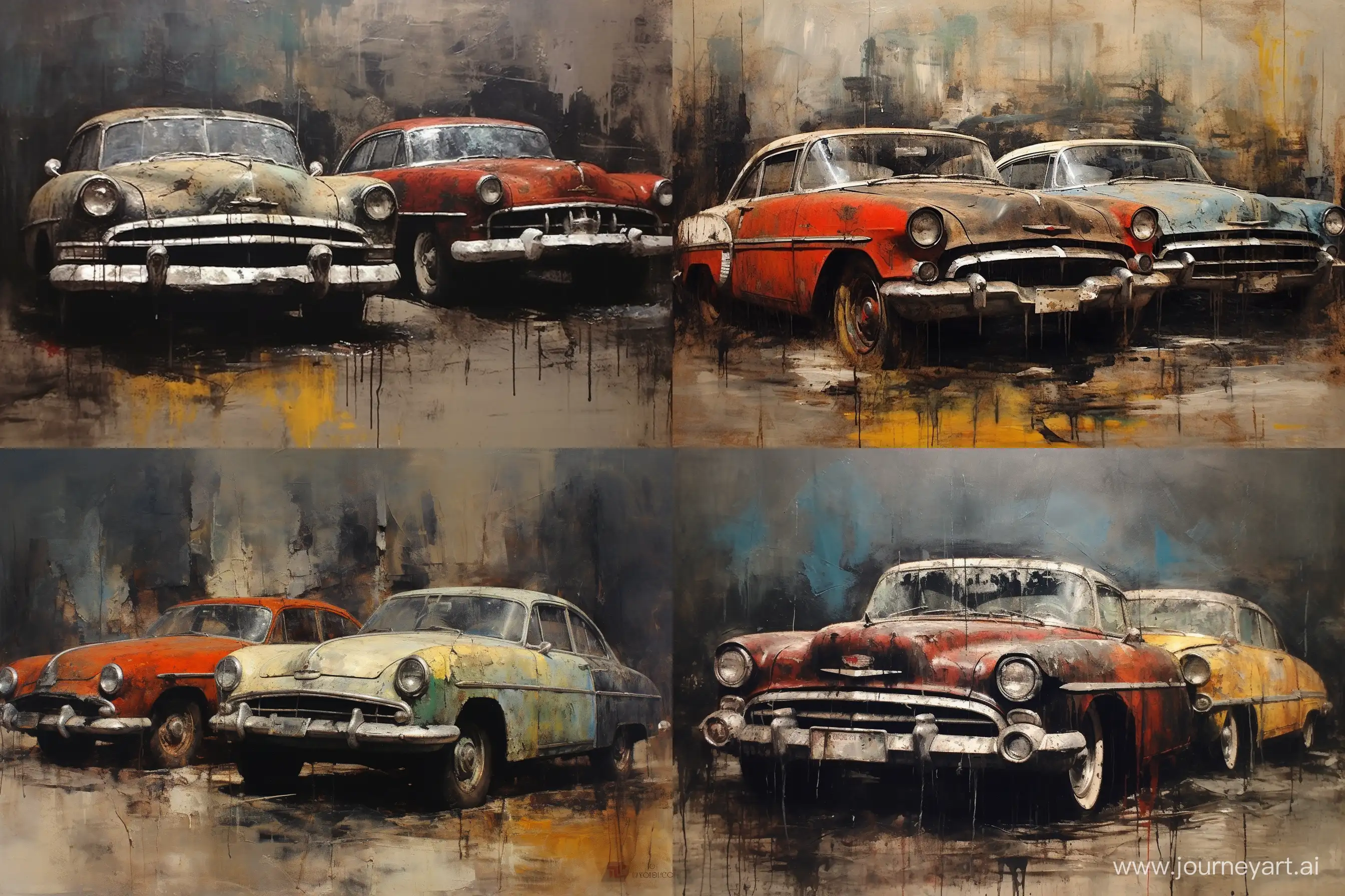 Guy Denning's painting depicting different old vintage cars from 1940s, no signature --v 5.2 --ar 3:2
