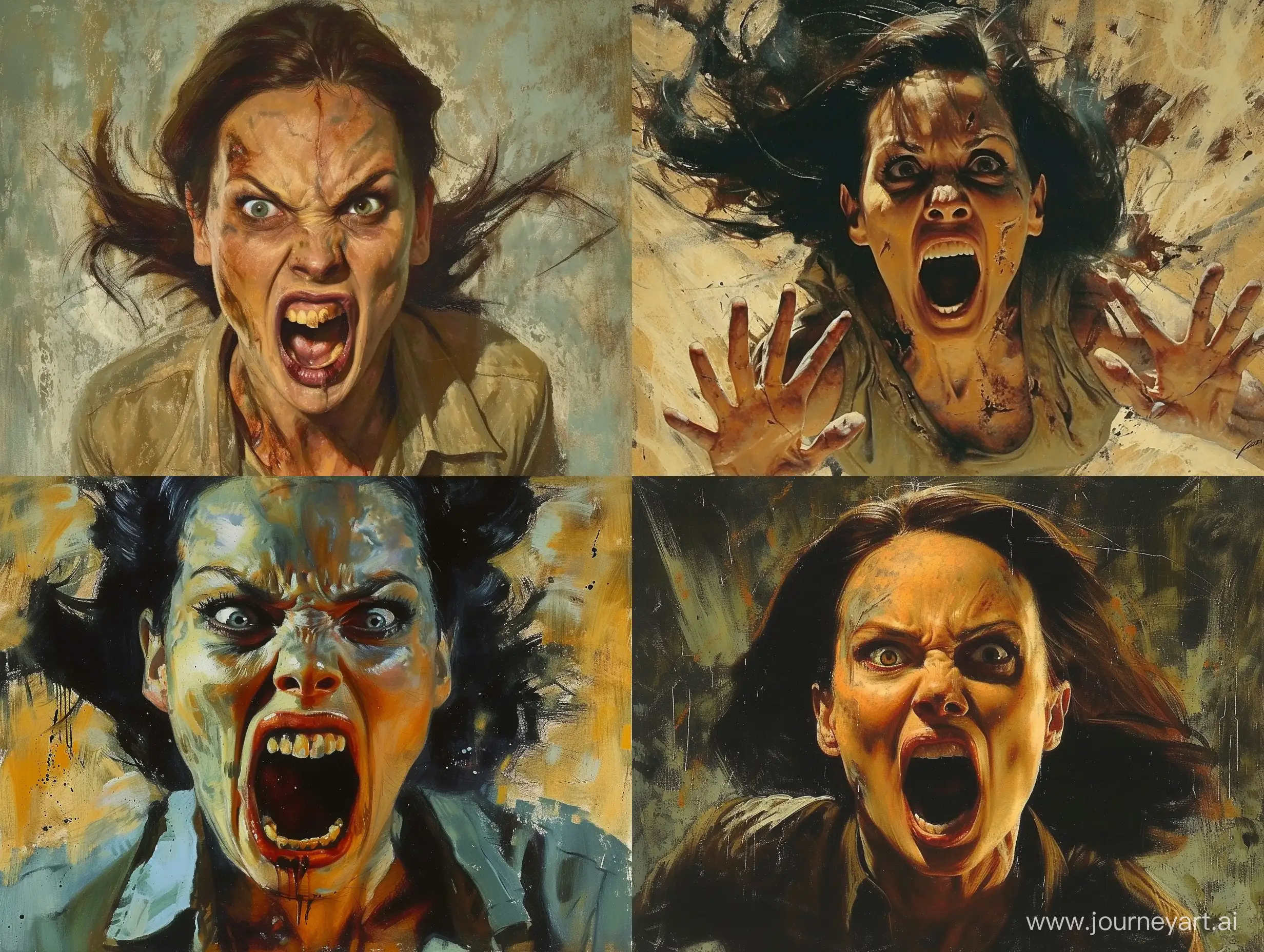Angelina Jolie as zombie screaming. Art by Craig Mullins, Leyendecker, Norman Rockwell.