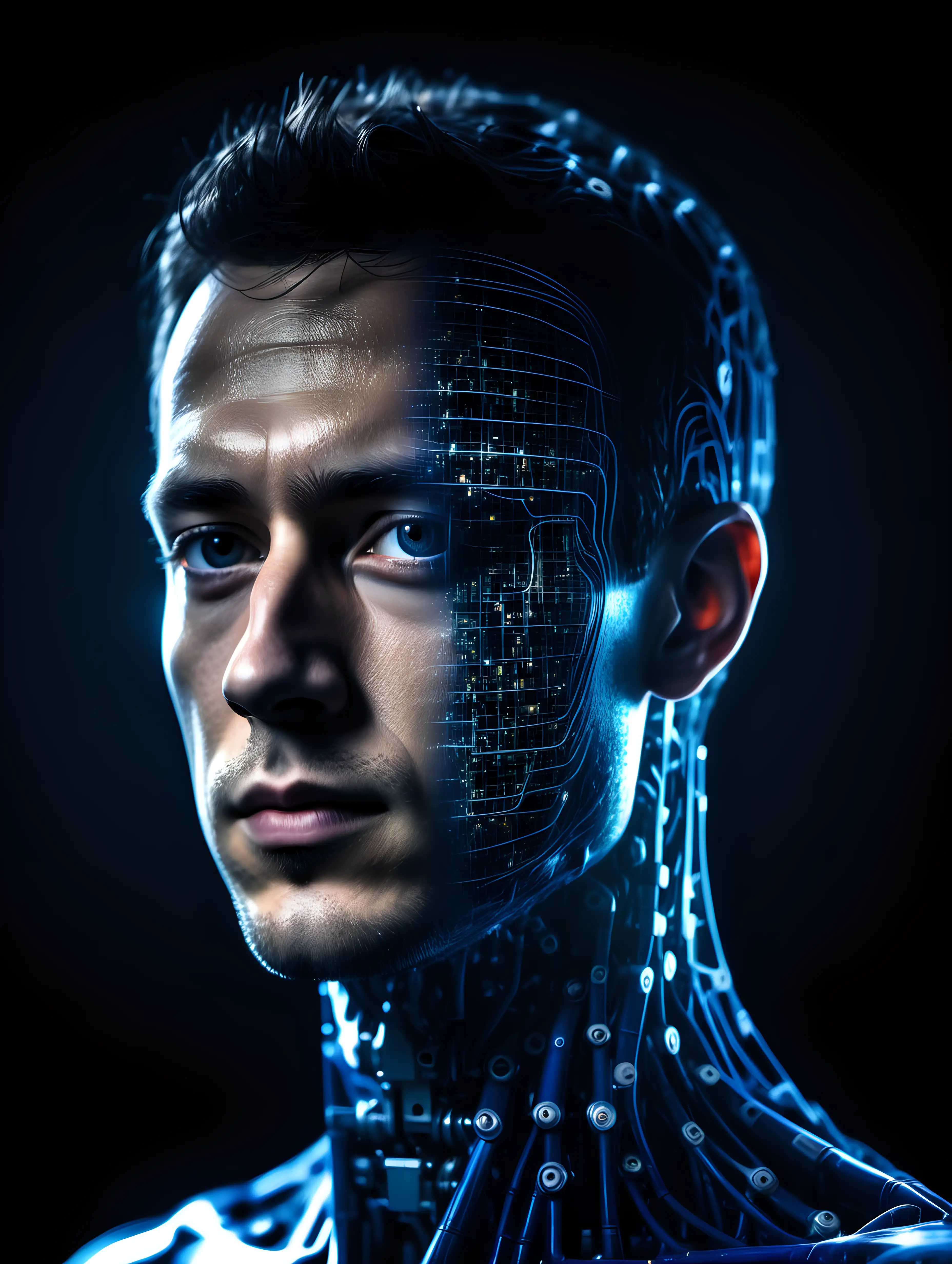 professional photo with slight reflection. dark background. dark blue high tech waves of neural network in bottom and double exposure nice man 20 years old human head half robot half human westworld style uhd 8k realistic detailed bit of matrix style 