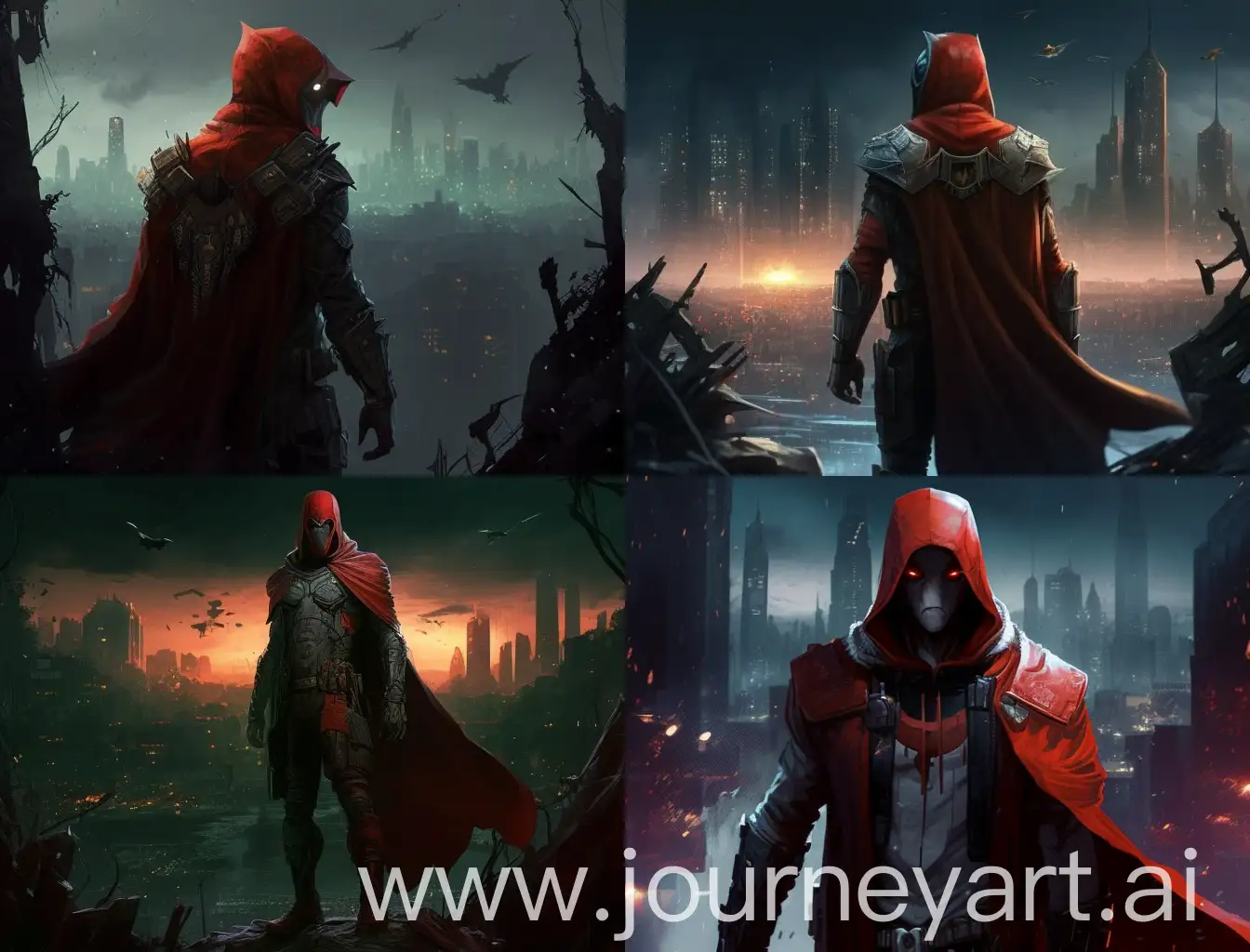 Red Hood is standing full length facing the camera and there are ruined cities around him and the environment is dark,real