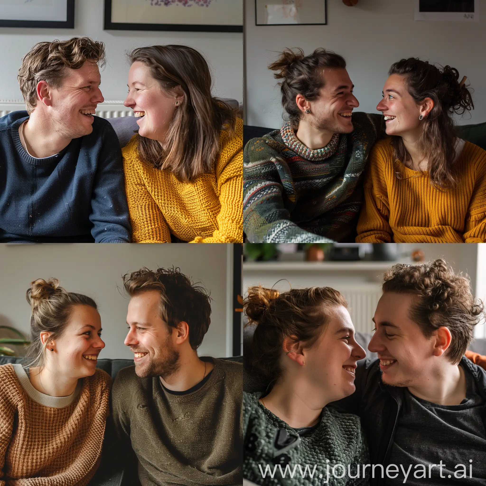 Two people, smiling at eachother, at the couch at home in the Netherlands 