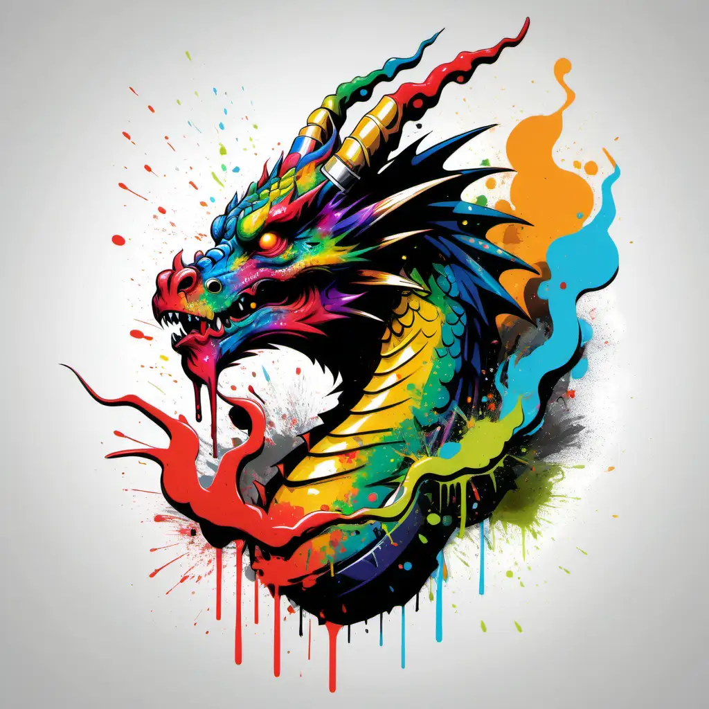 T-shirt design, dragon smoking with colorful paint splatters on its face, poster art by Alex Petruk APe, featured on cgsociety, shock art, 2d game art, artwork, poster art white background