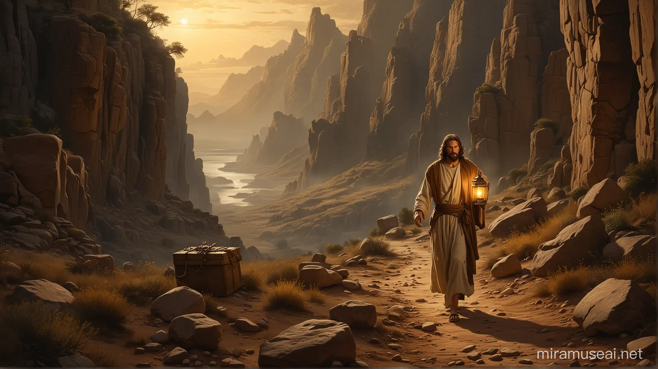 In the image, we see Jesus depicted as a traveler, journeying through a rugged landscape, illuminated by a golden glow from above. With one hand holding a lantern, symbolizing guidance and enlightenment, Jesus searches earnestly, his gaze fixed on a distant, shimmering treasure chest. The scene evokes a sense of mystery and adventure, highlighting Jesus' relentless pursuit of the greatest treasure: the souls of humanity. black background