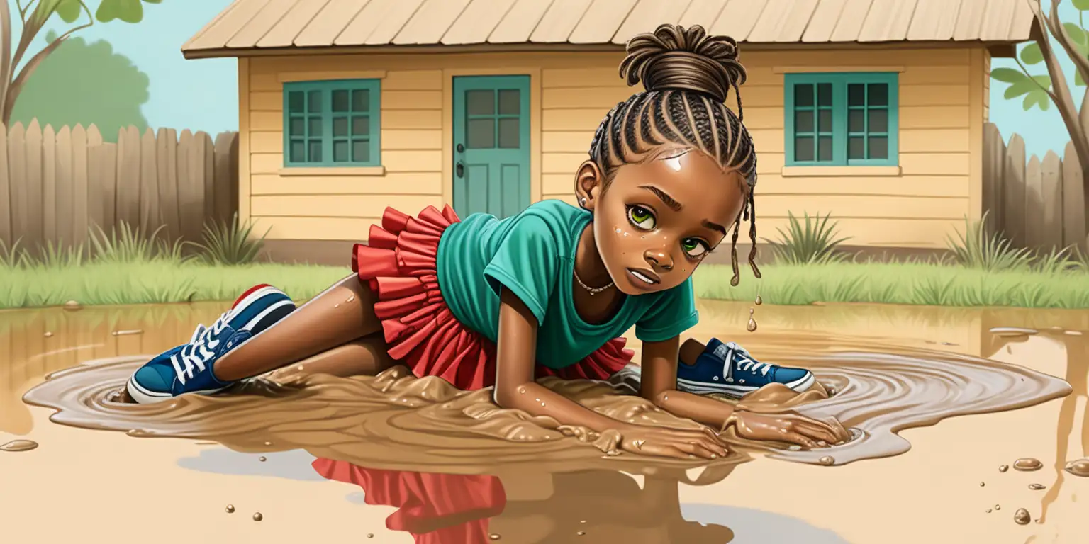 children's art illustration, full figure 10 year old african brown girl character lying on her back in muddy water, soaking wet with mud, splashing muddy water everywhere in front of her brown and green african home, cornrow hairstyle, wearing a red green yellow and blue 4 layered coloured ballet frill skirt, a green shirt, black sneakers, cute poses, shocked and sad expressions, full colour, front view, no outline