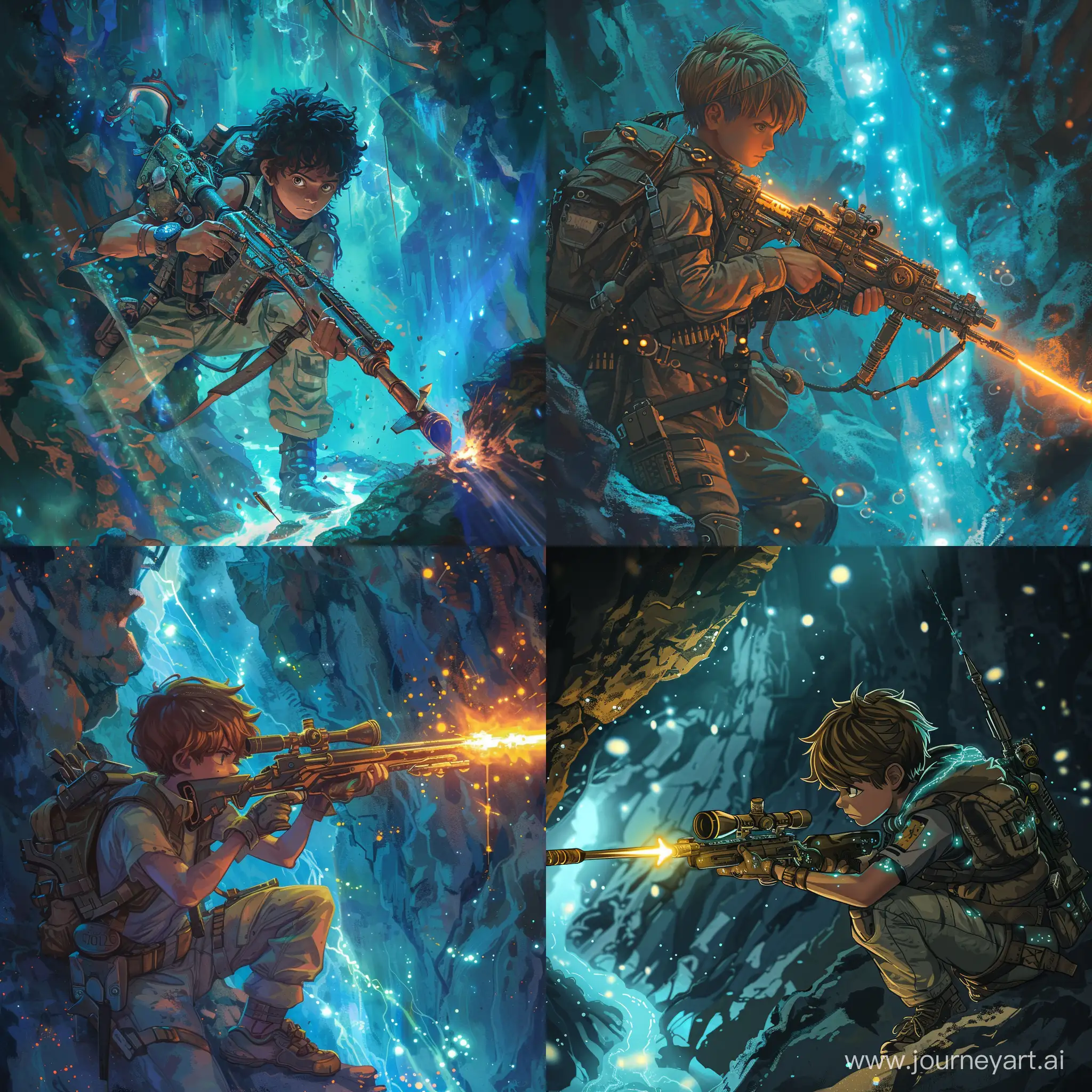 A 13-year-old cave raider with a stylistic rifle, exploring a luminous abyss. Capture his youthful determination and the mystical allure of the abyss in a detailed, anime-inspired style. Focus on his adventurous spirit, the intricate design of his gear and rifle, and the glowing, mysterious environment around him. Aim for a dynamic, high-resolution image that blends realism with fantasy, showcasing the boy ready for the depths below.