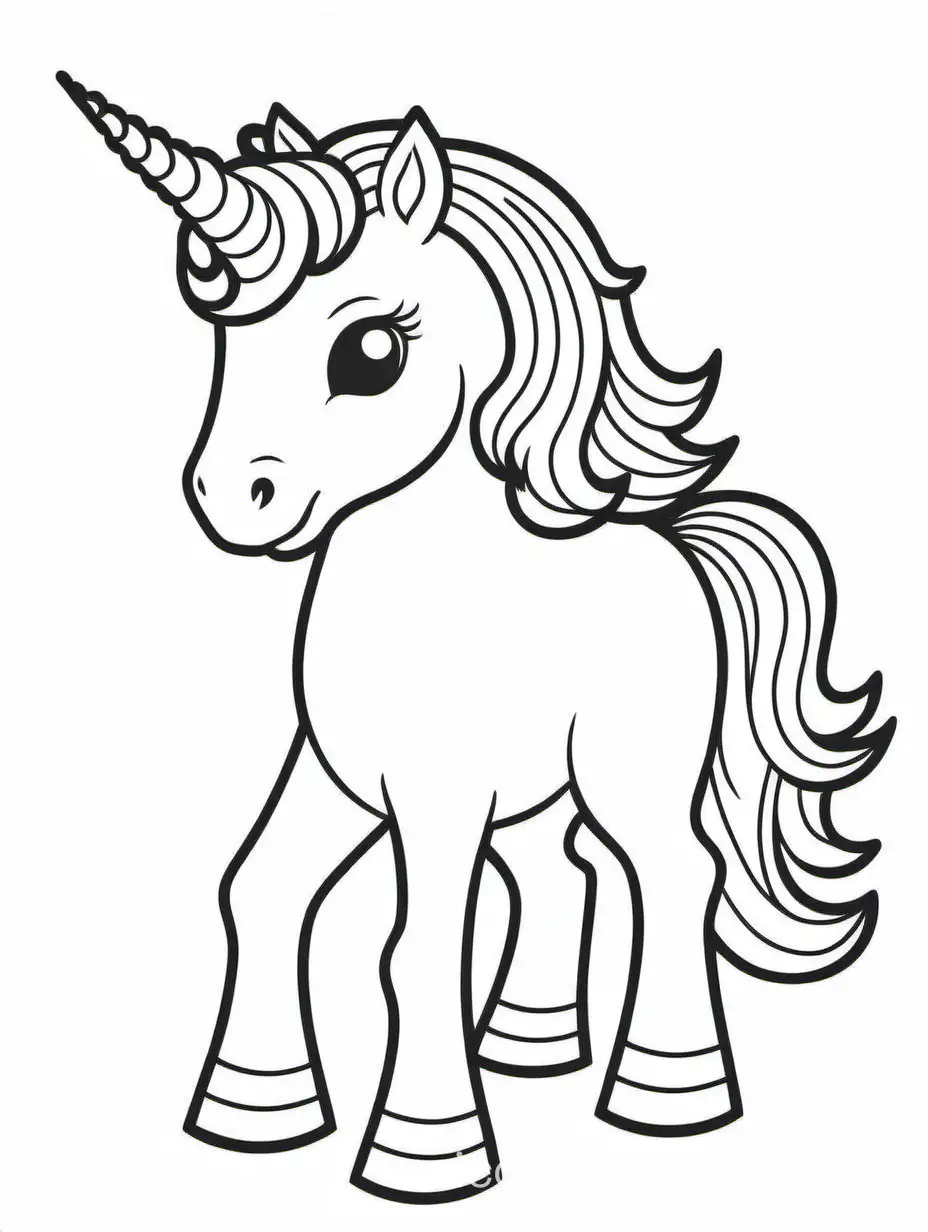 A brightly colored unicorn , Coloring Page, black and white, line art, white background, Simplicity, Ample White Space. The background of the coloring page is plain white to make it easy for young children to color within the lines. The outlines of all the subjects are easy to distinguish, making it simple for kids to color without too much difficulty