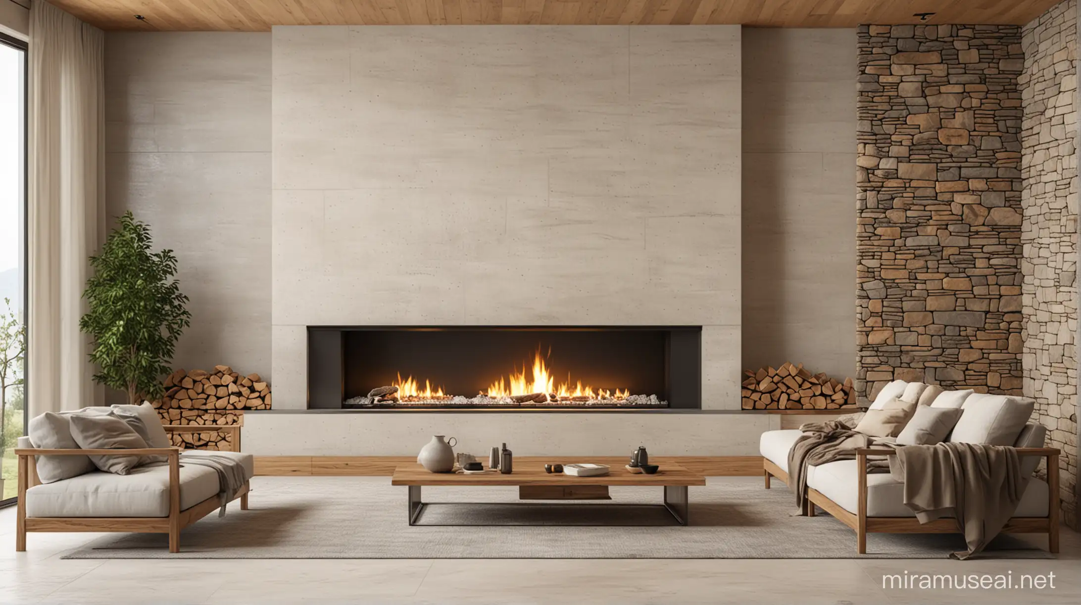 Contemporary Living Room with Stone Fireplace Interior Design Mockup