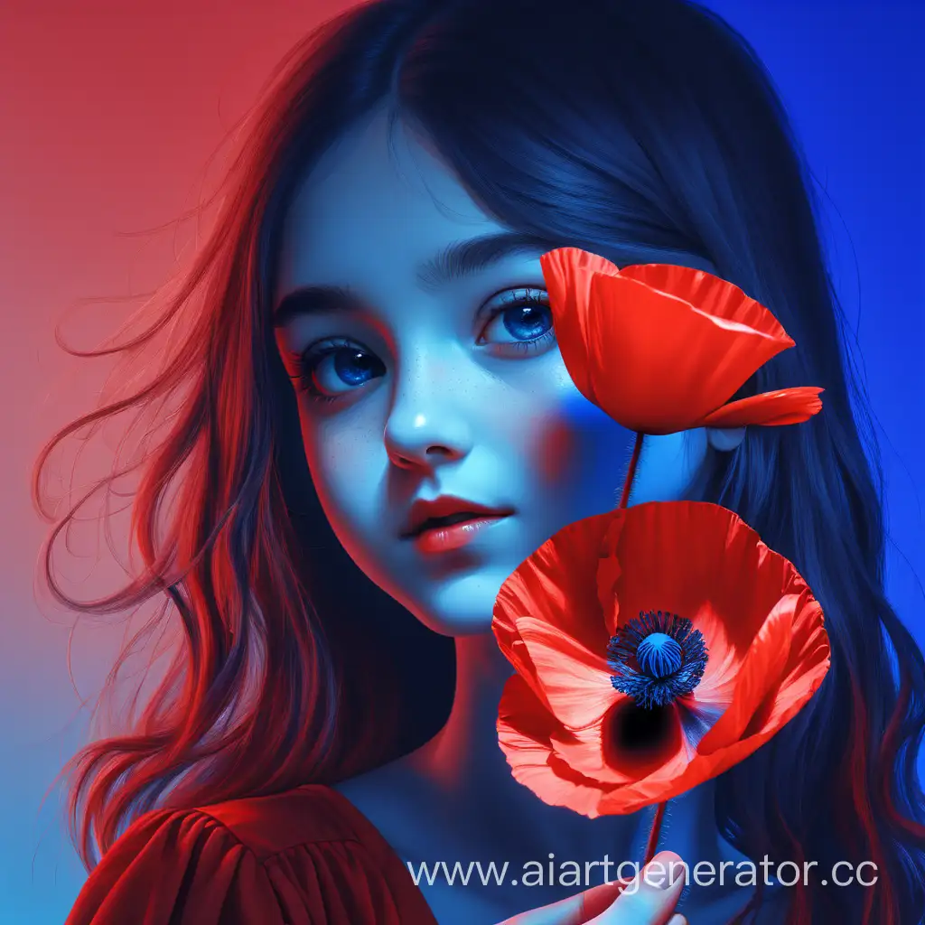 Девушка, которая держит красный мак, на фоне градиент красный и синий, 4k
