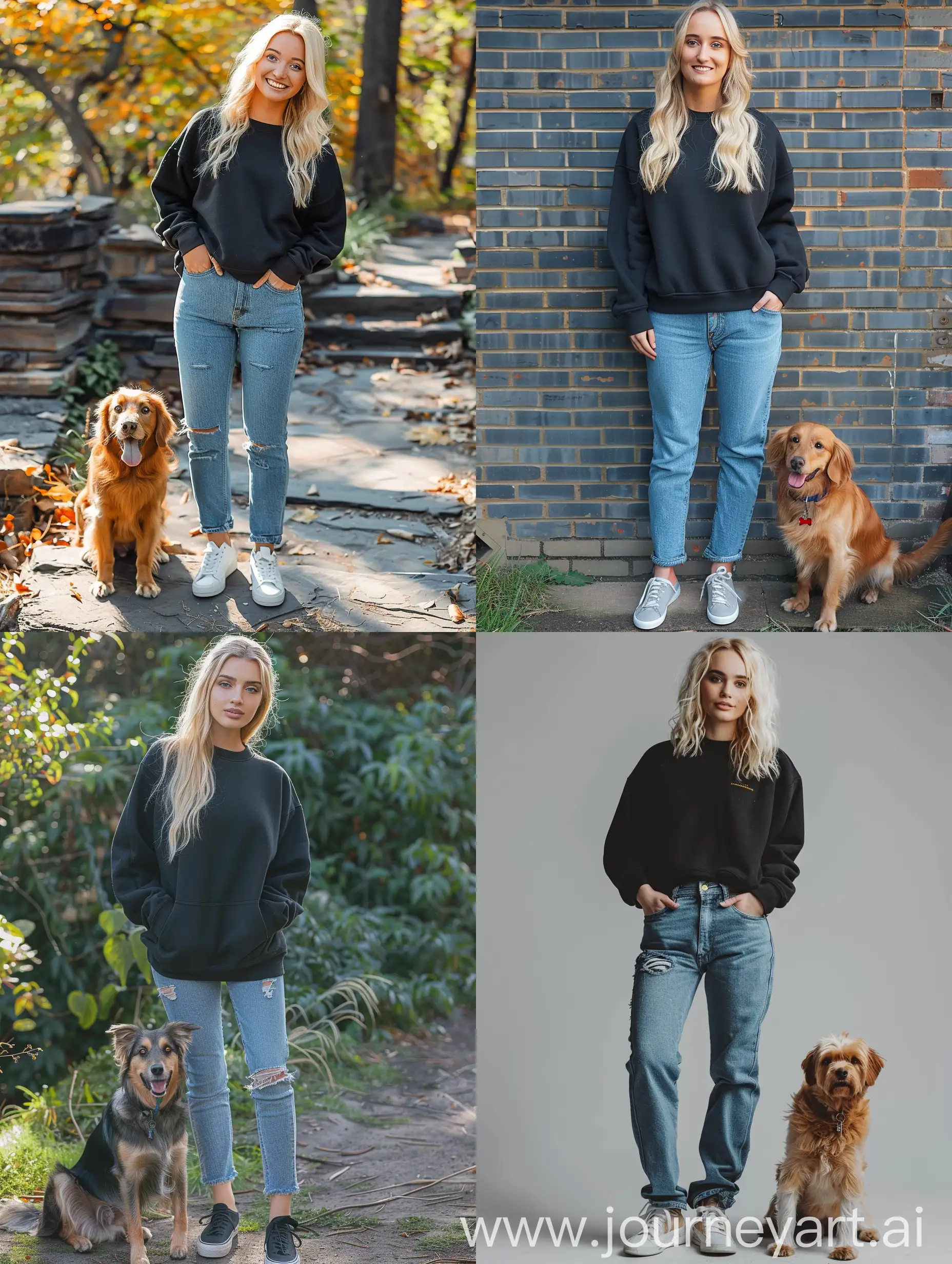 Blonde-Woman-Standing-Tall-with-Dog-in-Black-Sweatshirt-and-Blue-Jeans