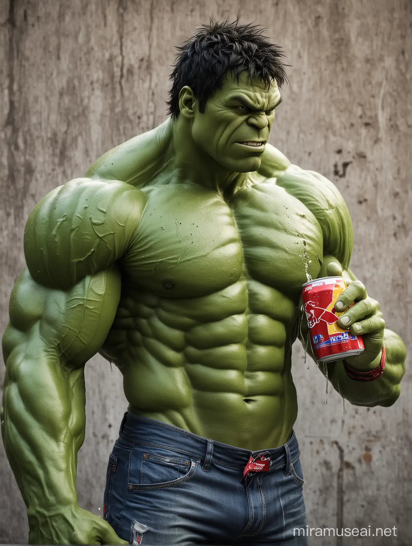 Muscular Hulk Enjoying a Refreshing Redbull Drink