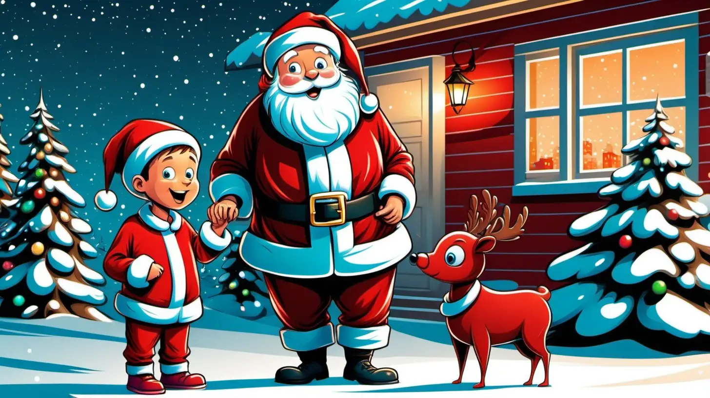 Cartoon style santa with a young boy. Outside scene 
