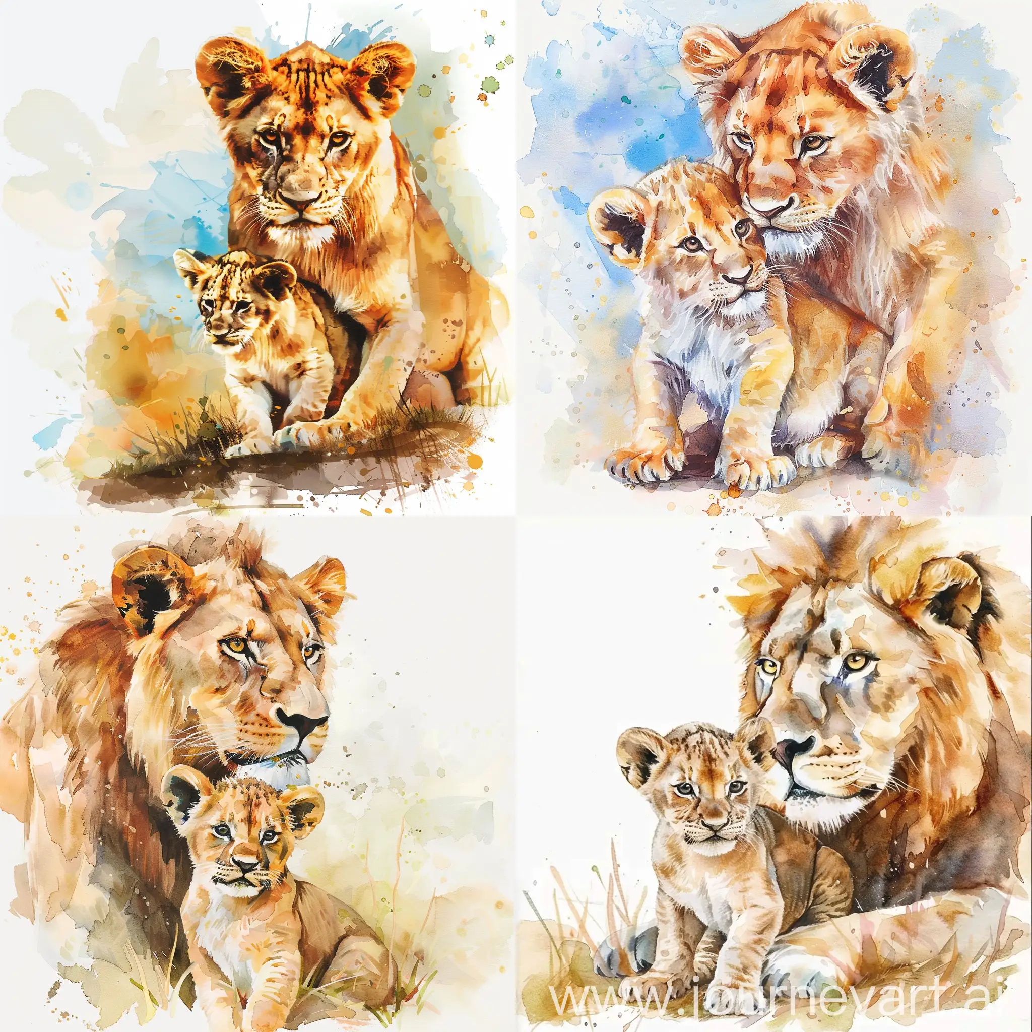 Watercolor baby room nursery wall art. Use pastel colors. Wild baby lion cub with mother lion on wildlife landscape.
