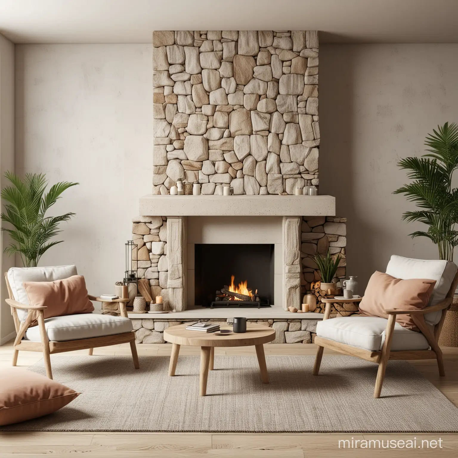 Boho living room stone fireplace, two armchairs and coffee table complete, mockup, soft detailed