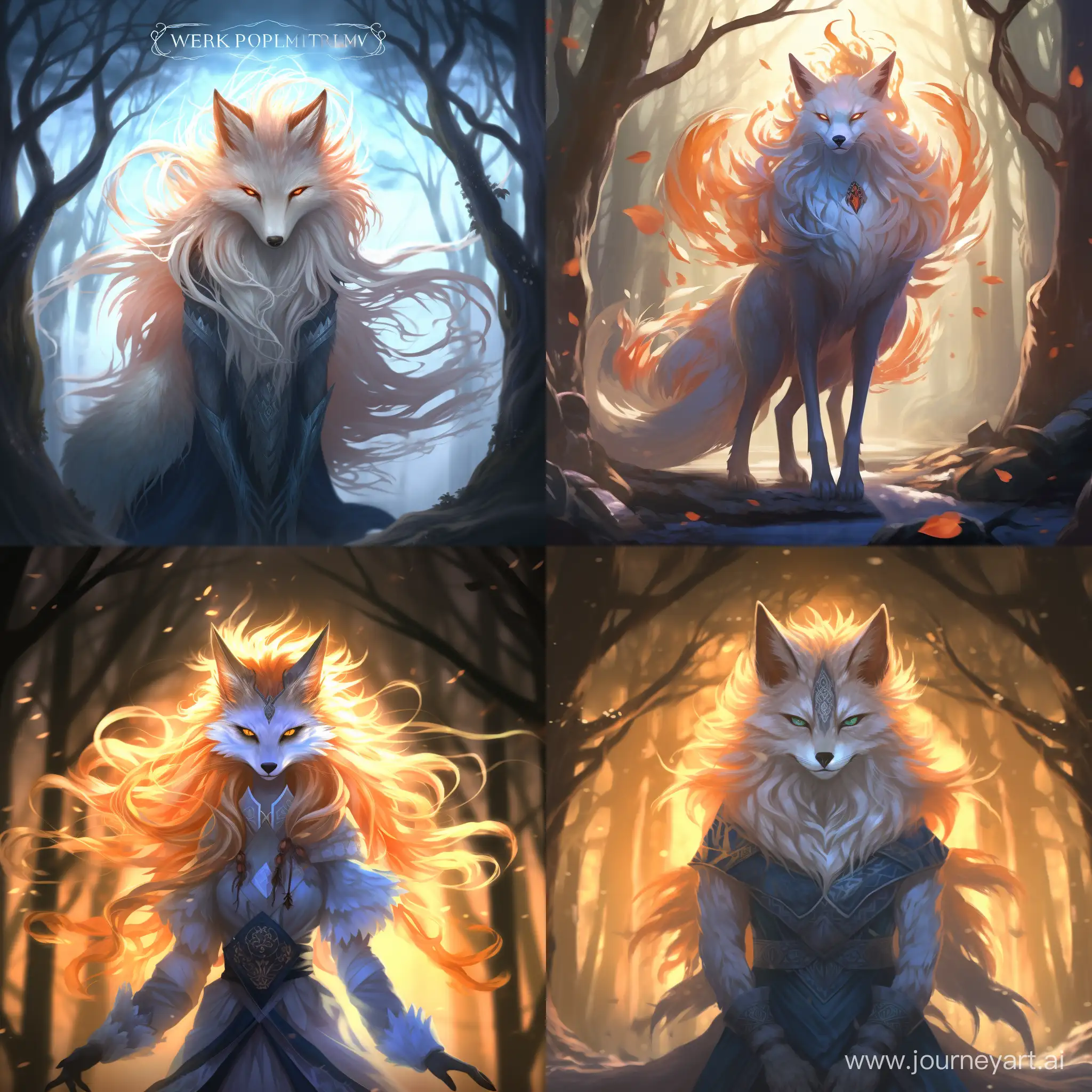 n a secluded clearing in the forest, a nine-tailed fox sorceress stands before a fire. Her long, white fur is tinged with blue, and her eyes glow with a bright, otherworldly light. She is chanting in a language that is both ancient and primal, and as she does, the fire grows brighter and brighter.  Suddenly, the sorceress raises her hands, and a ball of light appears between them. The ball is white and blue, and it glows with a soft, ethereal light. The sorceress smiles, and she gently releases the ball of light into the air.  The ball of light floats away, and it soon disappears into the darkness of the forest. The sorceress watches it go, and then she turns and walks away.  The scene is peaceful and serene. The fire crackles and pops, and the only sound is the sorceress's soft footsteps. The light from the ball of light casts a gentle glow over the clearing, and it seems to fill the air with a sense of magic.  The sorceress is a powerful being, and she is using her magic for good. She is creating a ball of light that will bring hope and healing to the world. The light is a symbol of her power and her compassion, and it is a reminder that there is always hope, even in the darkest of times.