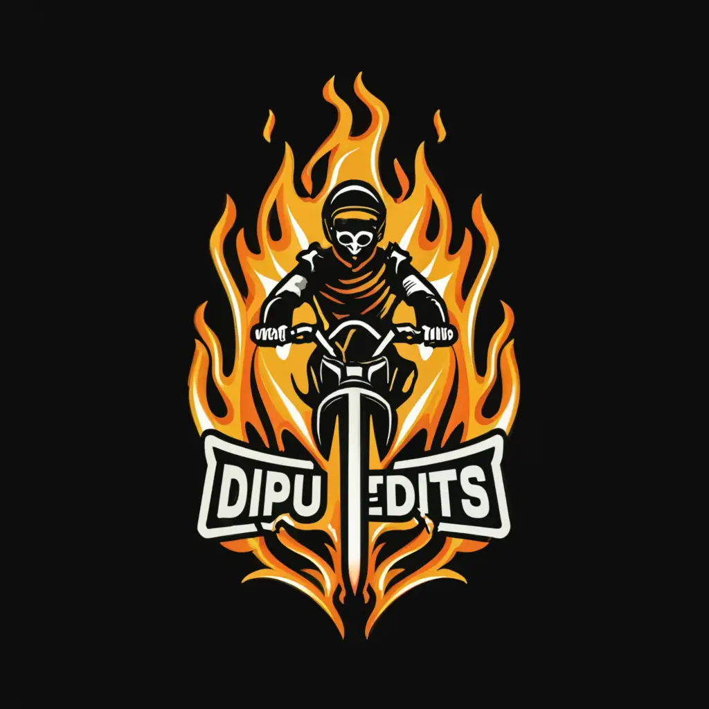 a logo design,with the text "dipu edits", main symbol:fire sword with a bike rider in smoke,complex,be used in Religious industry,clear background