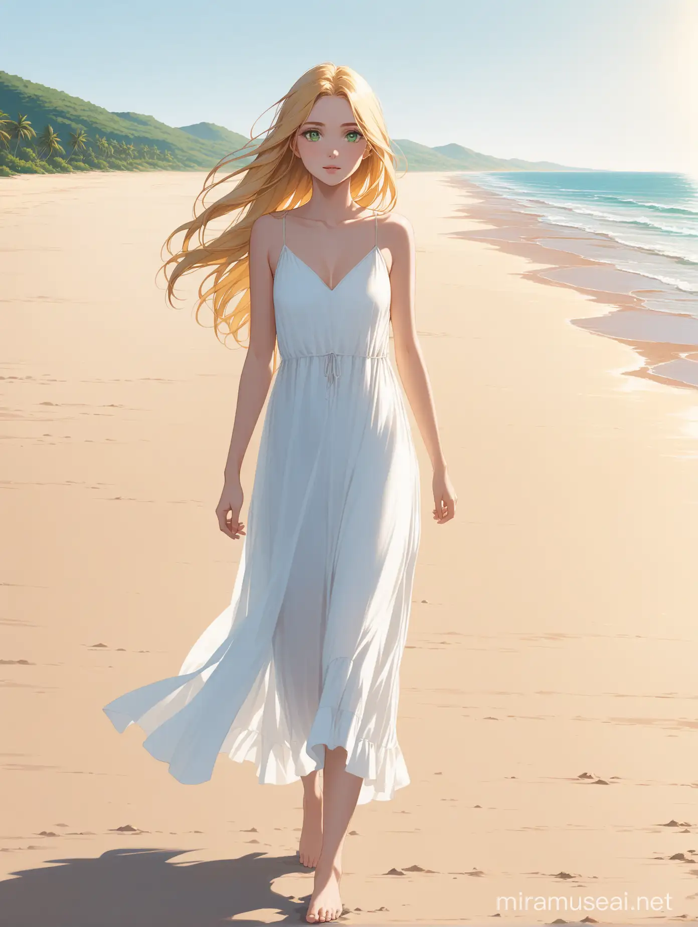 Mujer joven, de cabellos dorados, largos y sueltos, con grandes ojos verdes, camina por una playa desierta, vestida con un liviano vestido de color blanco, con los pies descalzos. 