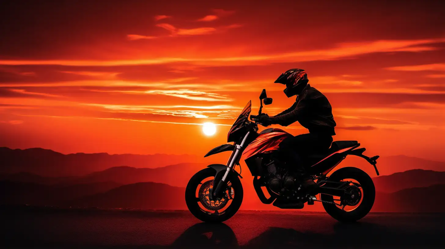 A dramatic silhouette of a power bike and rider against the backdrop of a vibrant sunset, with the orange and red hues of the sky adding to the sense of adventure and thrill.