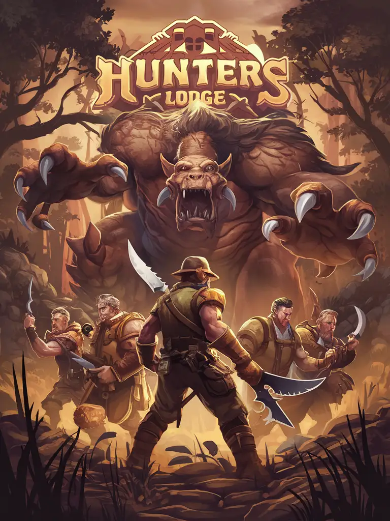 STYLIZED GAME ART WITH EXTRA LARGE LOGO "HUNTERS LODGE" MYTHICAL MONSTER HUNTERS, HUNTING GROUNDS, HUNTER HERO, BEHEMOTH MONSTER