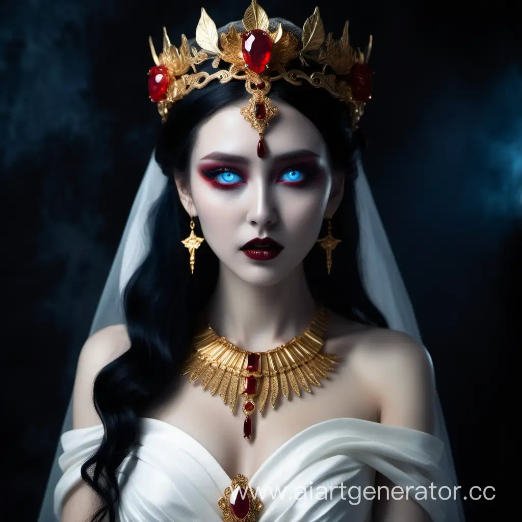 богиня смерти с чёрными волосами и золотым ободком в длинном белом свадебном платье
в золотом ожерелье с красным рубином и голубыми глазами в темноте