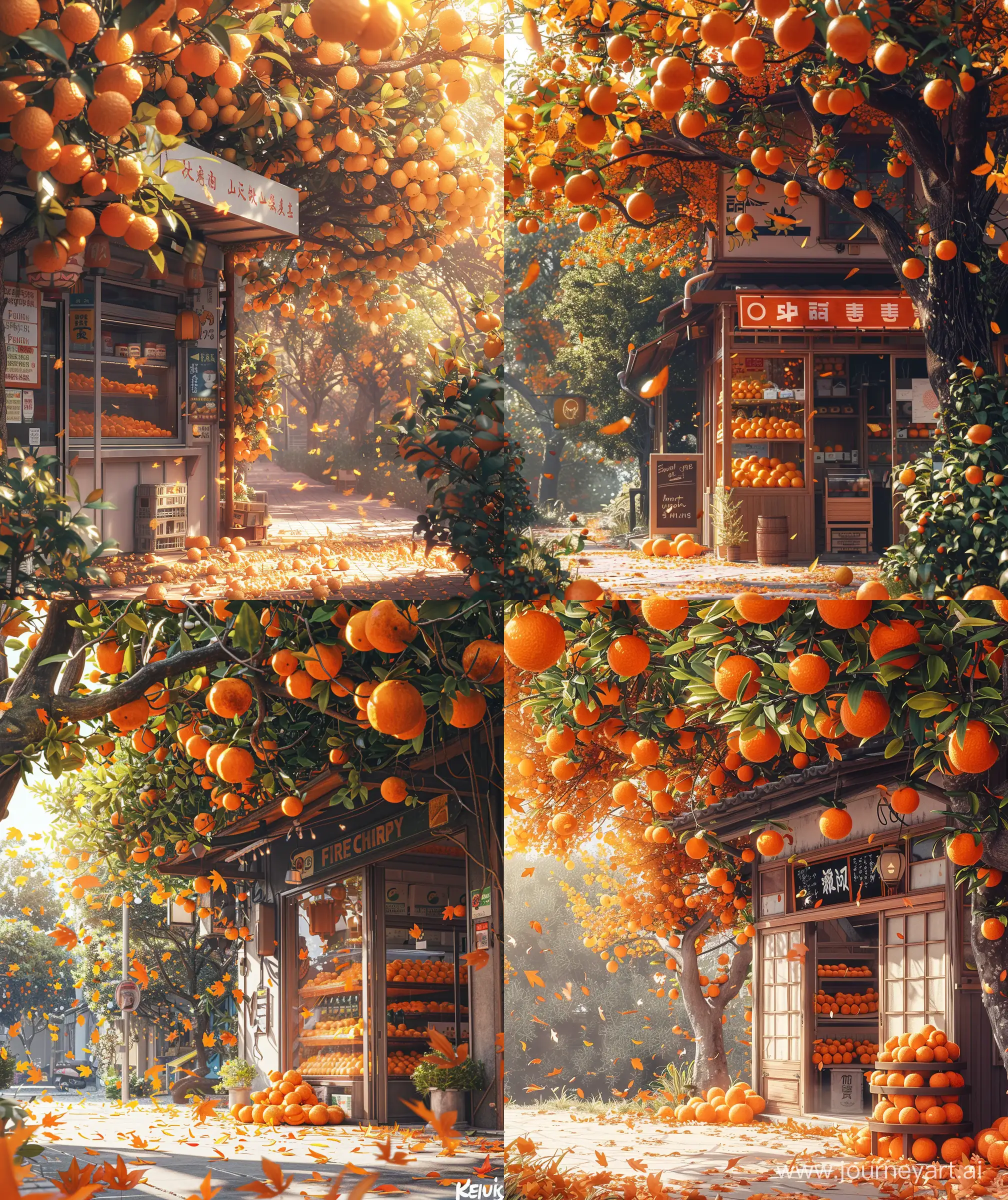 Beautiful anime scenary, Ghibli style, basking morning sunlight surrounding  "aesthetic style fruit shop", beautiful ripe orange trees, some fall leaves blowing around, retro vibe, illustration, mesmerizing scenary, anime style, ultra HD, high quality, sharp details, close up view, no hyperrealistic --ar 27:32 --s 400