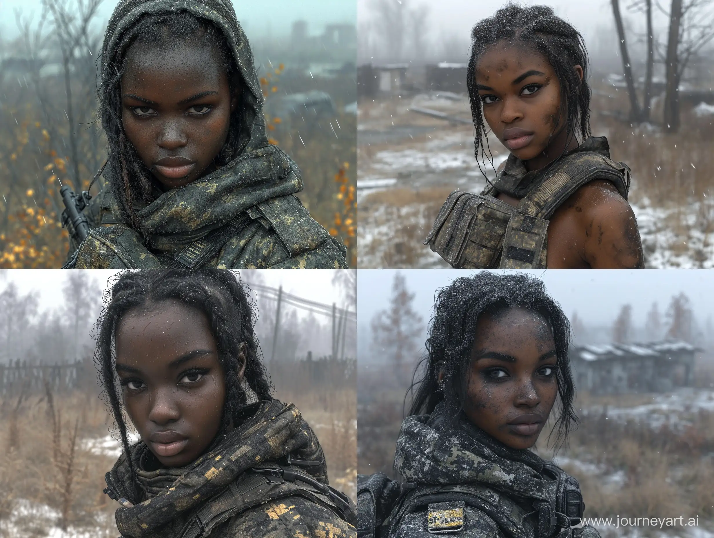 Beautiful ebony skin female mercenary in S.T.A.L.K.E.R black tactical equipment black camo dead city dead trees --s 999 --style raw --v 6