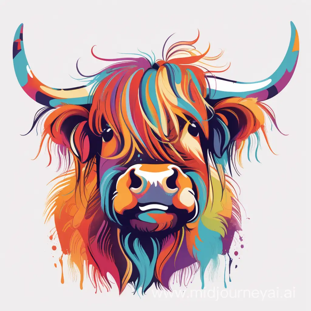 Graphic, smiling highland cow head, multi coloured