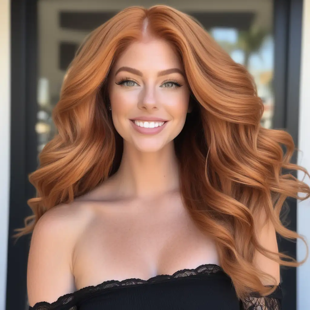 instagram photoshoot of a Caucasian woman who is out in Beverly Hills. She is wearing a long, voluminous, ginger, balayage, and seamless lace front wig. She is casually being silly. shirt is a black off the shoulder cropped top.