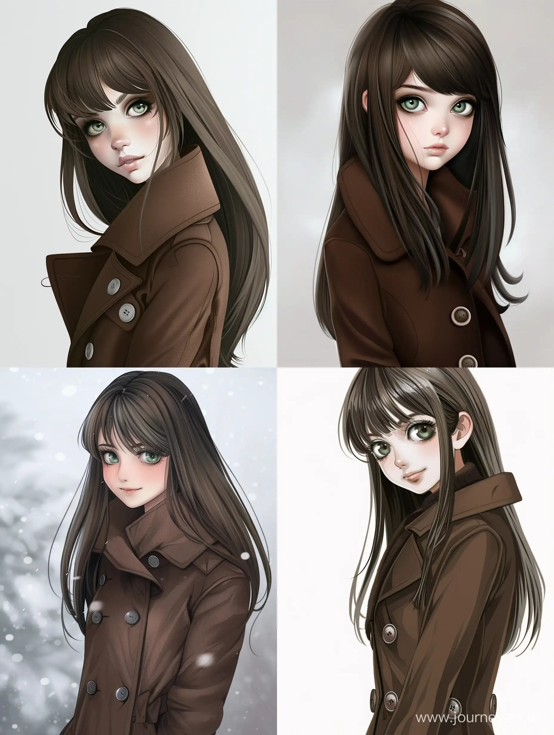 Beautiful girl, straight dark brown hair, gray-green eyes, white skin, in a brown coat, high quality, high detail, cartoon art