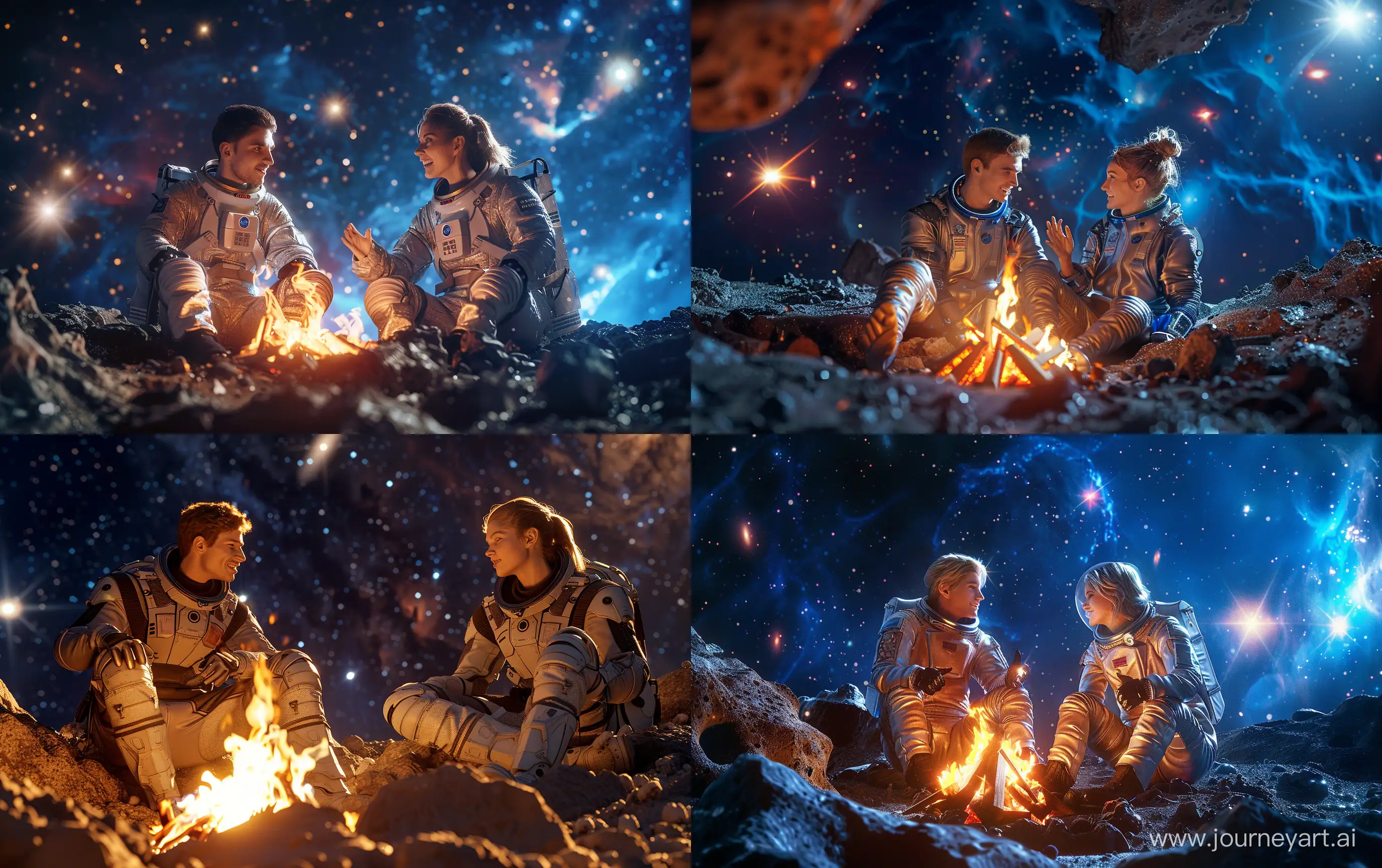 Happy-Young-Couple-in-Spacesuits-by-Bonfire-on-Asteroid-Surface-with-Bright-Galaxies-Background