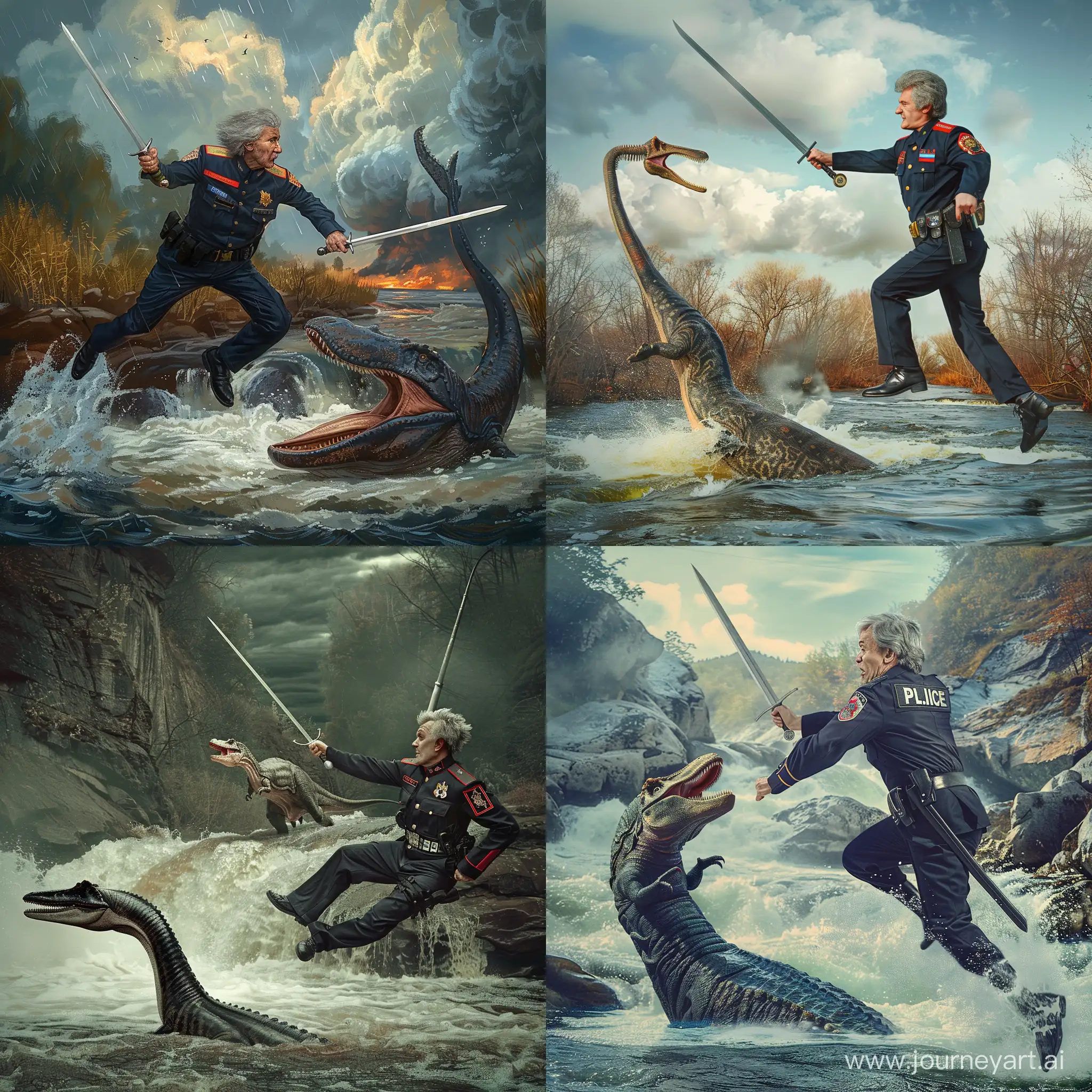 A man in a Russian police uniform with gray hair jumps with a long sword at a plesiosaur in the river