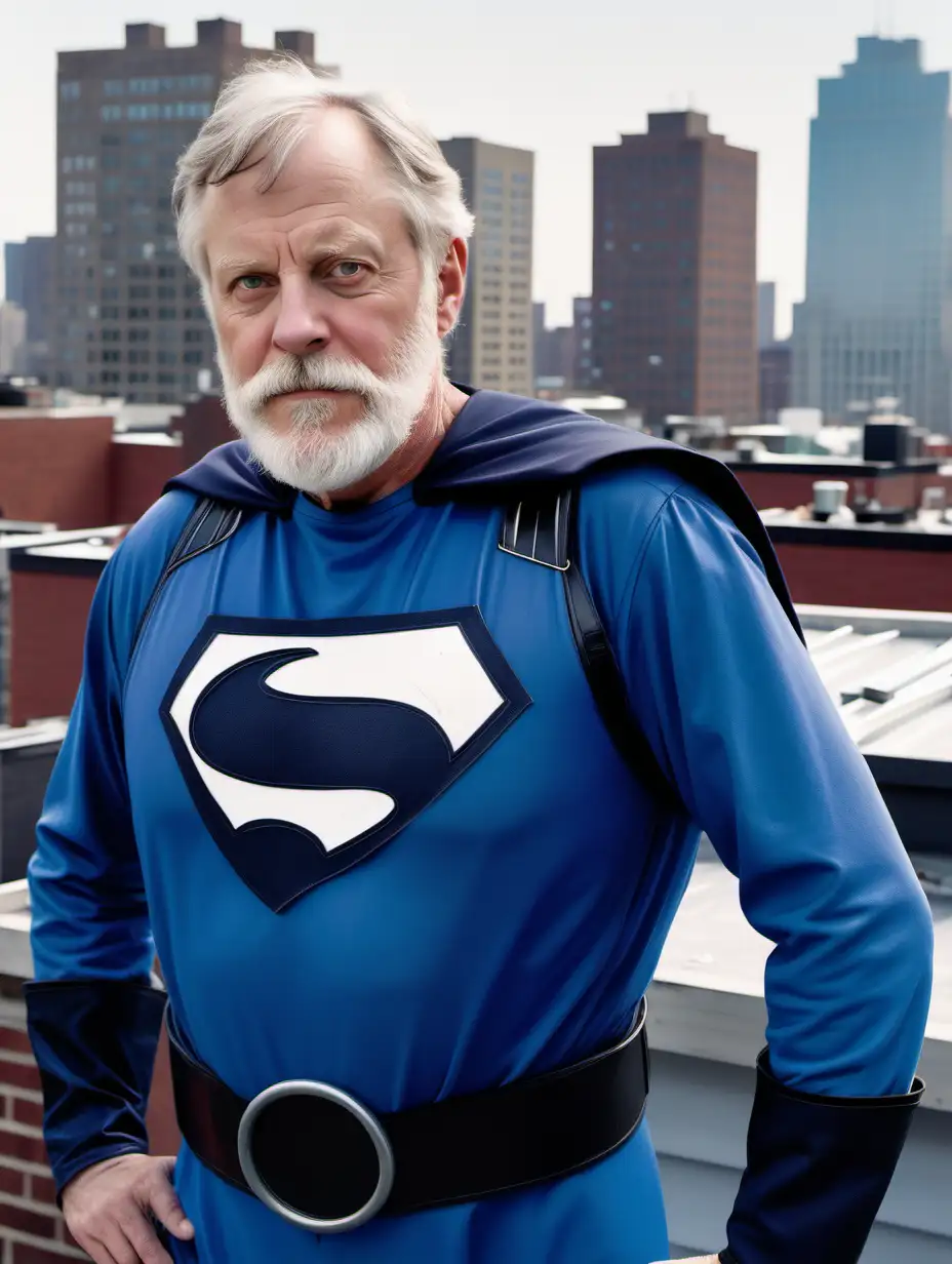 A 57-year-old white man with a short white beard. He has a slight belly.  He's wearing a superhero mask revealing the lower part of his face. His costume is a cheap superhero mix outfits old clothes and  hockey chest protector , all in a steel blue color. The scene is set on the rooftop of a poor neighborhood in a North American city."