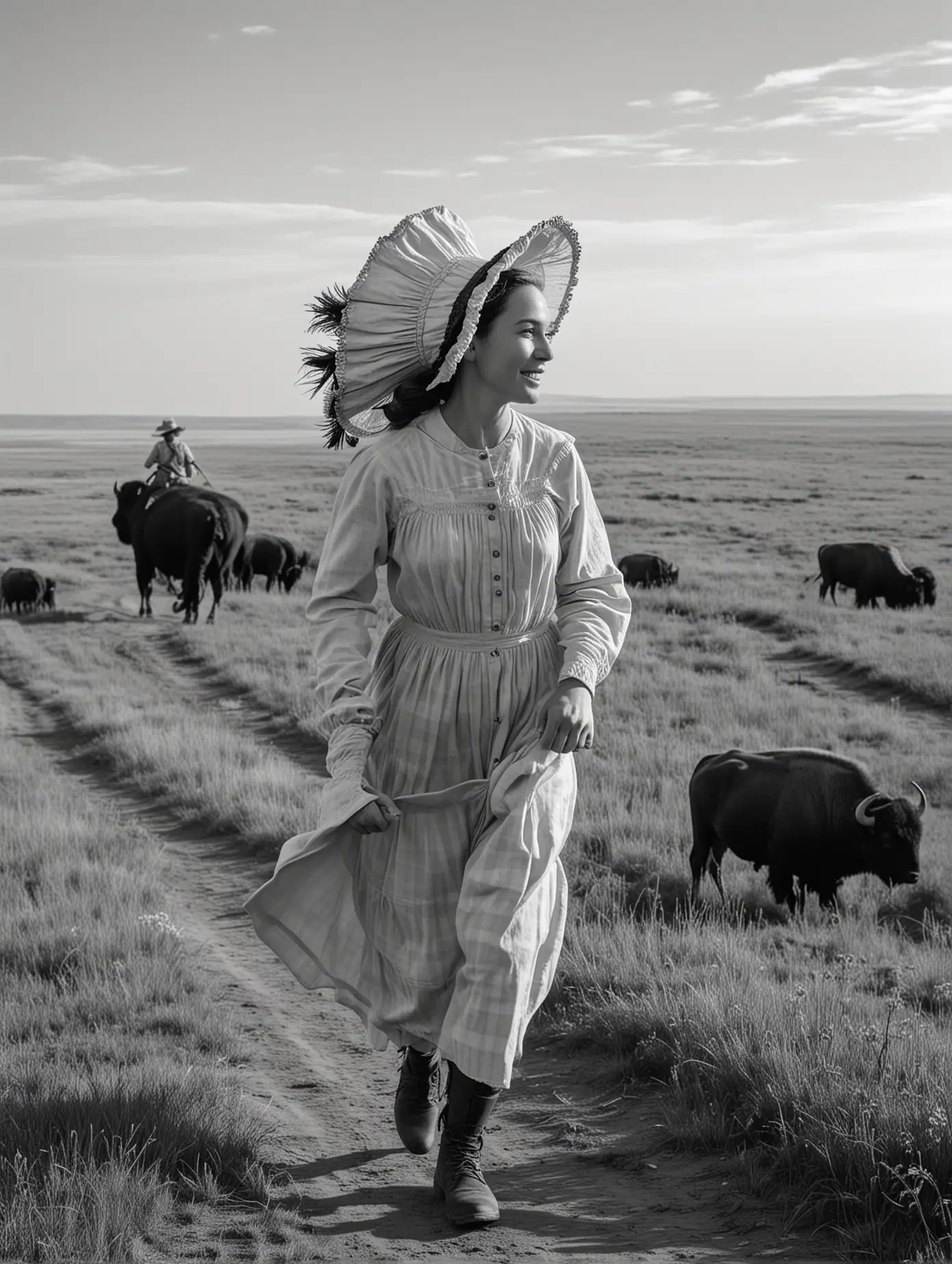 A woman arrives at the prairie, her new land. she is running. She is a pioneer and wears a bonnet. There are buffalo in the background. She is seen from the side. In black and white. 