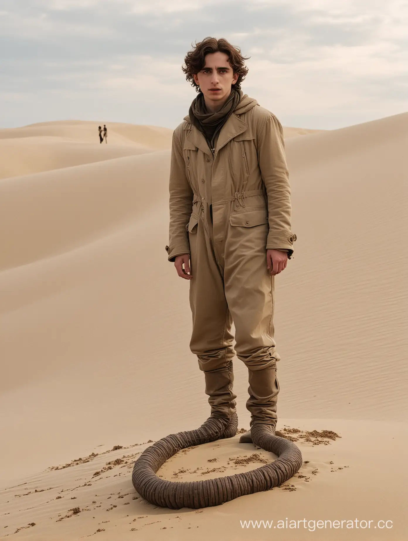 Тимоти Шаламе стоит посреди дюны ,за ним гигантский червь 