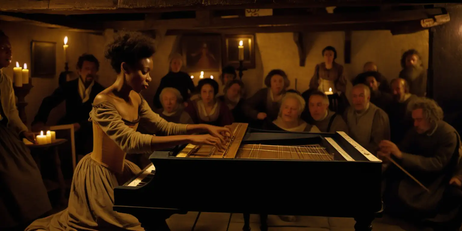 A color photo of a beautiful Abyssinian woman playing harpsichord inside a busy candlelit London Inn at night time in 1595. many rough people in scruffy clothes are drinking, dancing, singing. the floor is covered in sawdust and there are exposed wood beams.