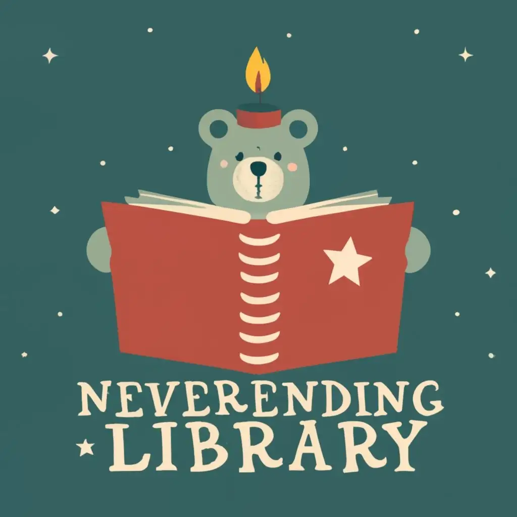use this logo, open book and a bright candle with a small teddy bear wearing a sleeping cap, with the text "Neverending Library", typography, refine teddy bear to look as real as possible and change all the x into five point stars