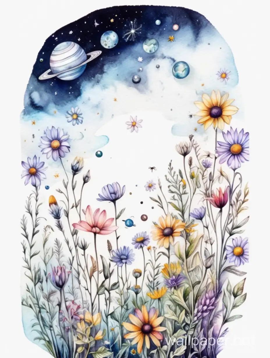 space made of wildflowers, shadow effect, surrealistic smooth watercolor, lineart 6B pen,   street art, white background, sticker art