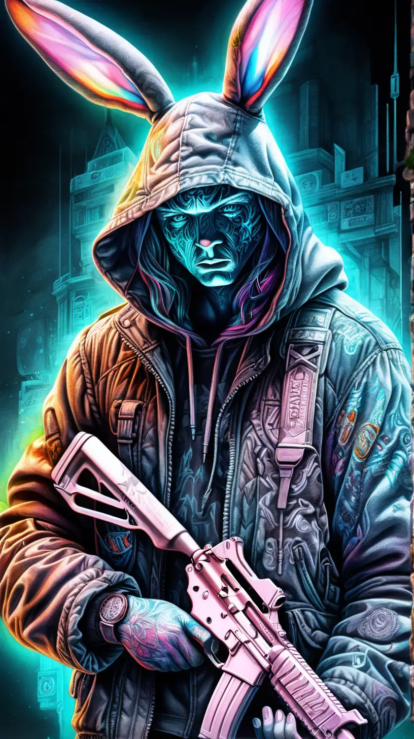 widelongshot luminescent hooded figure personified, translucent, a Easter Bunny visuals, gangster, Gun, Digital watercolor illustration by Alessandro 'Talexi' Taini, DreamWorks Animation Stylized watercolor visuals, ultra detailed art, complex Illustration, by Waterhouse, Carne Griffiths, Minjae Lee, Ana Paula Hoppe, Stylized watercolor art, Intricate, Complex contrast, HDR, Sharp, soft Cinematic Volumetric lighting, holographic colours, wide long shot, perfect shadow masterpiece, --ar 16:9 --style raw --v 6.0 