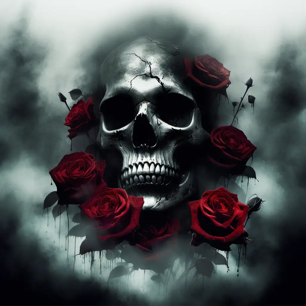 Ethereal Mist Surrounding Skull and Roses in Dark Ambiance