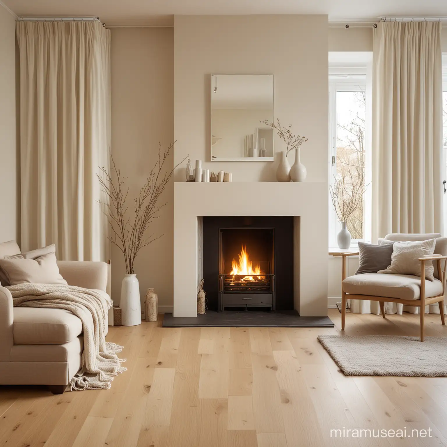 amazing living room, Scandinavian style, warm light, soft, fire place, oak floor, marble, cream curtains, twigs in vase, 