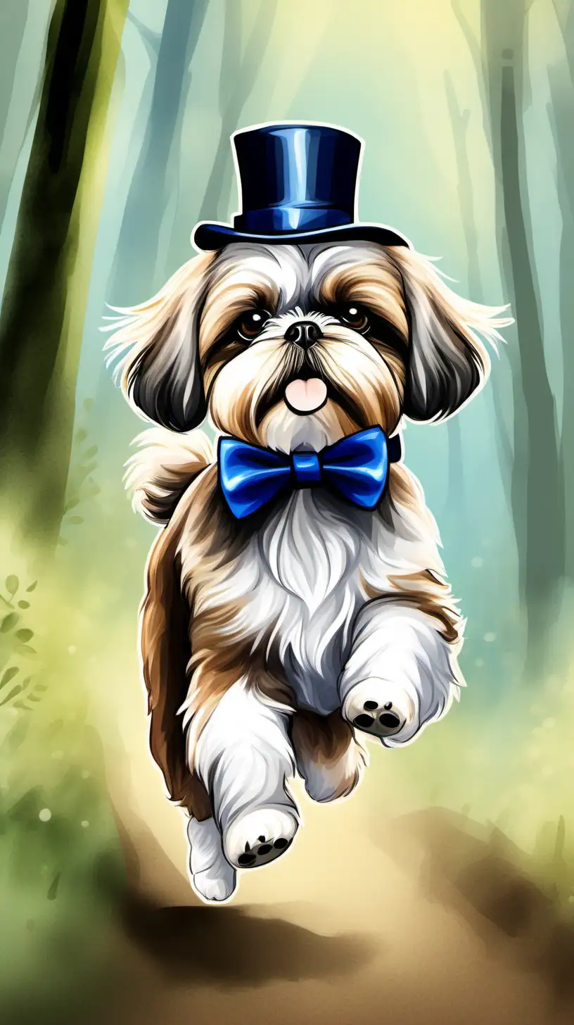 Create image of a shih tzu for a children's book, use watercolor style, he is wearing a Gentleman's hat and a blue bow-tie, he is white and brown, running in the forest