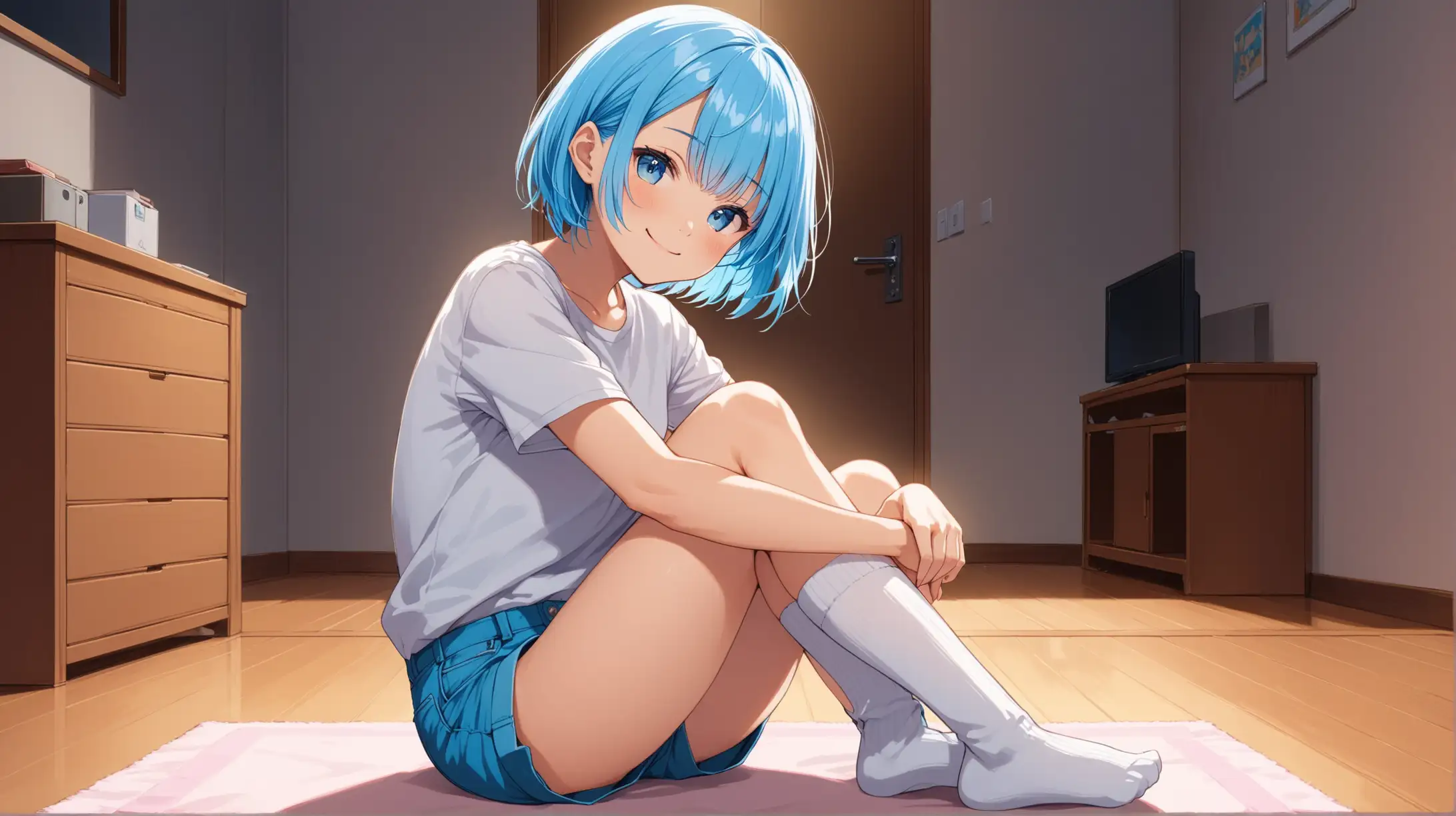 Draw the character Rem sitting in a dynamic pose alone indoors during the evening while she is wearing high socks with shorts and a shirt and smiling at the viewer