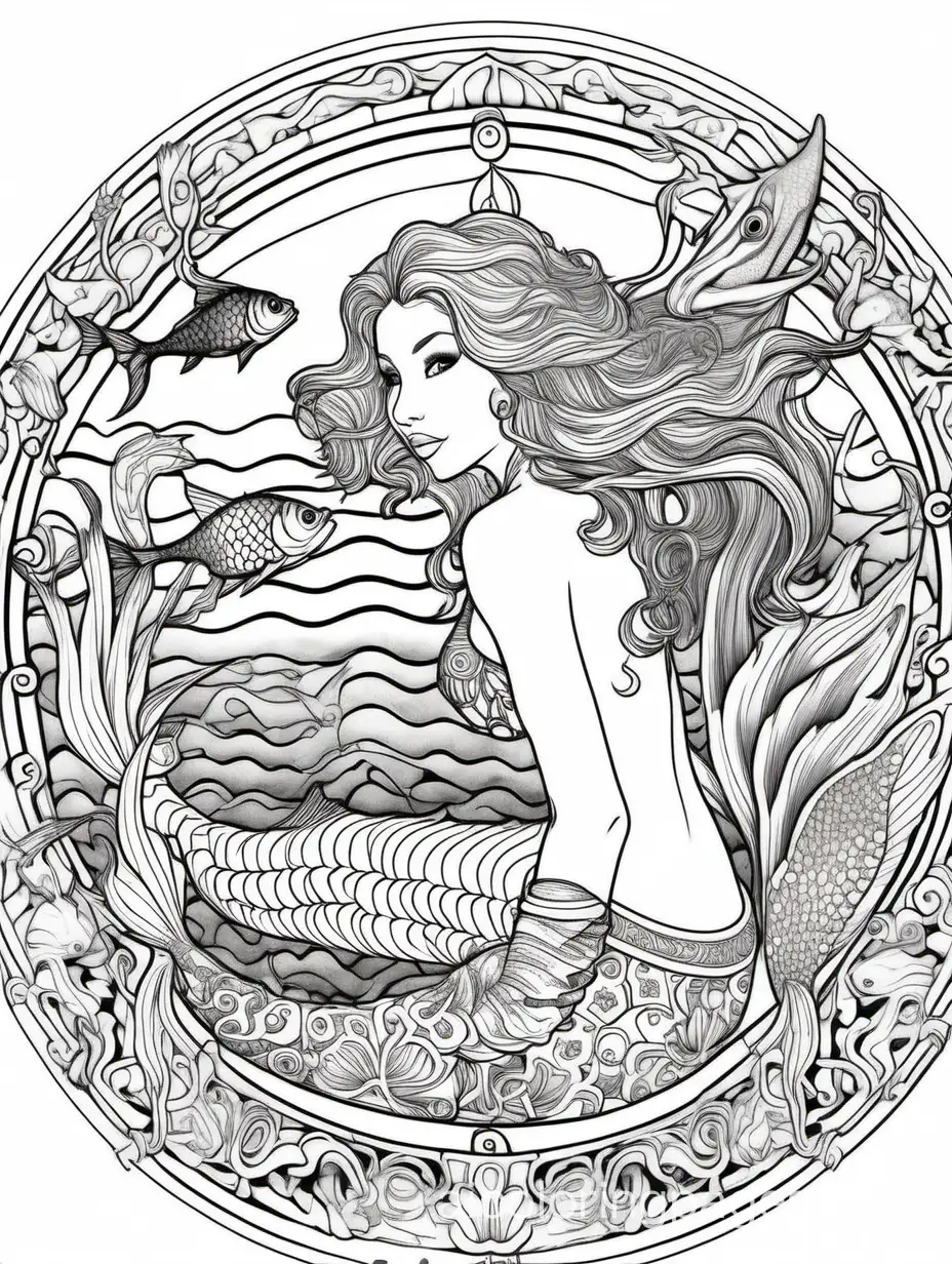 Arthur C. Miller style, thin, slim, Asian, mandala style, beautiful. full length view, mermaid, pen and ink and watercolor, fantasy, high detail, Coloring Page, black and white, line art, white background, The outlines of all the subjects are easy to distinguish, (no legs) fish tail, Coloring Page, black and white, line art, white background, Simplicity, Ample White Space. The background of the coloring page is plain white to make it easy for young children to color within the lines. The outlines of all the subjects are easy to distinguish, making it simple for kids to color without too much difficulty