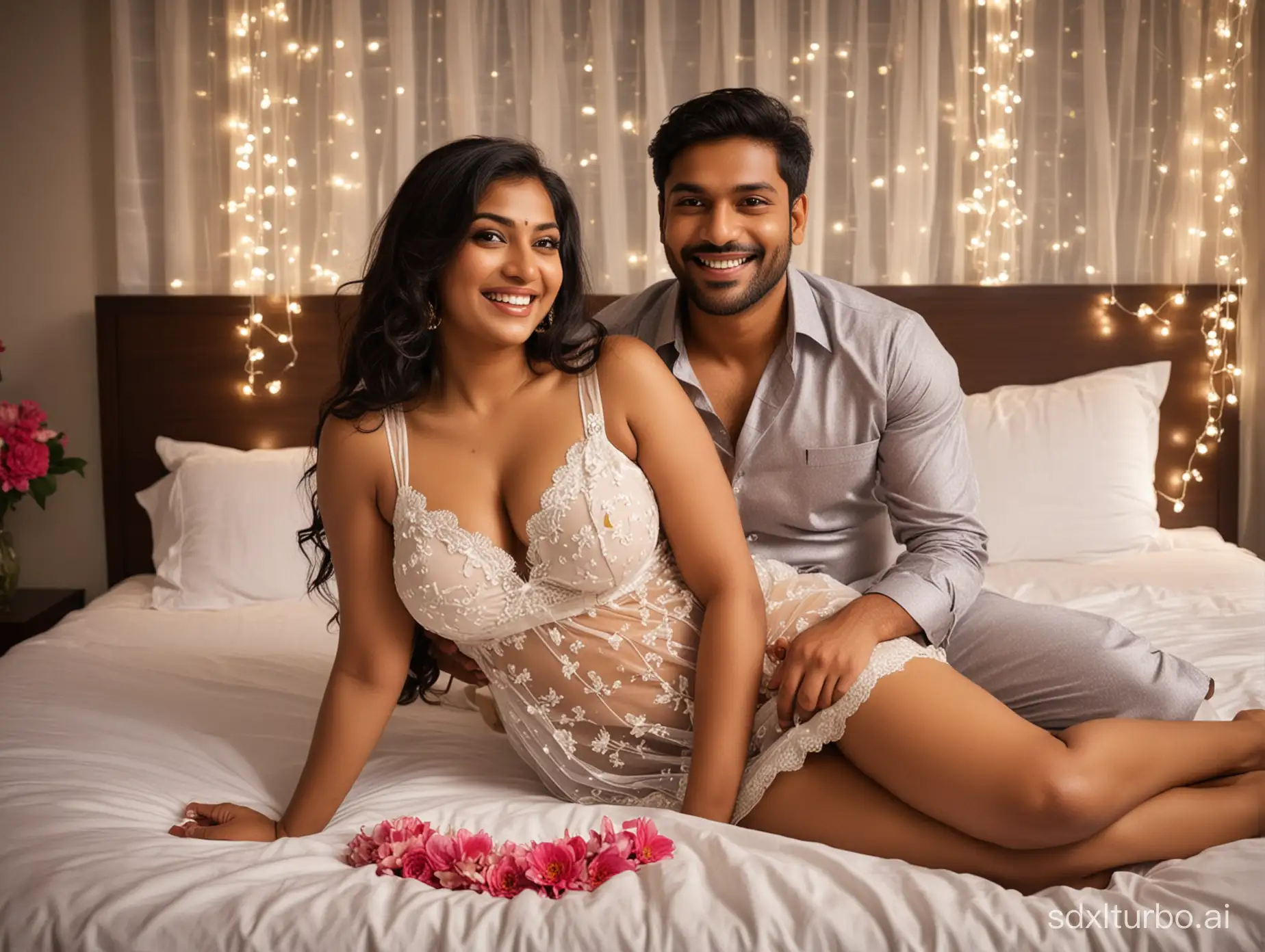 Intimate-First-Night-Seductive-Indian-Wife-and-Husband-Cuddle-in-Dimly-Lit-Bedroom