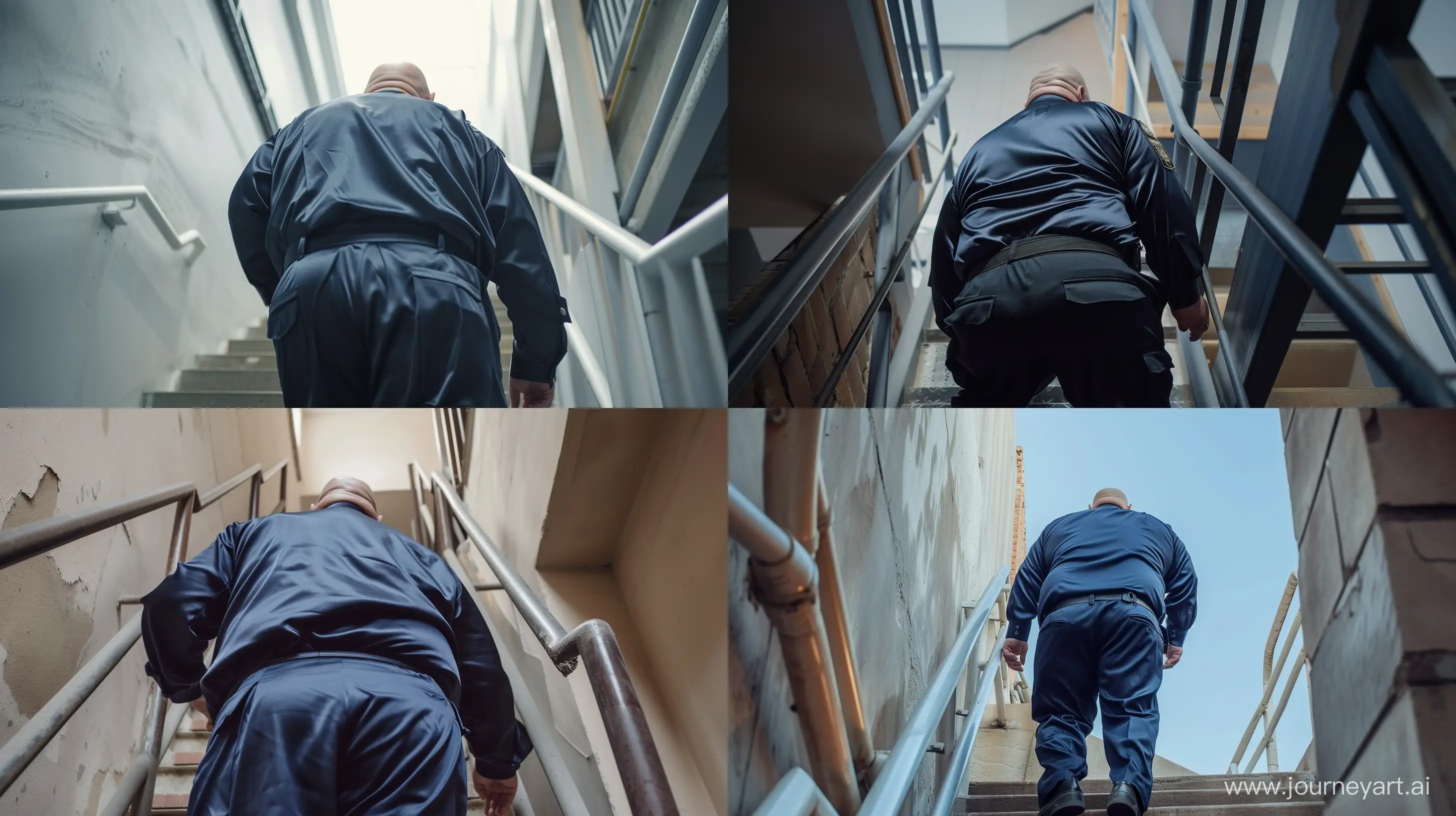 Elderly-Security-Guard-Ascending-Stairs-in-Navy-Silk-Uniform