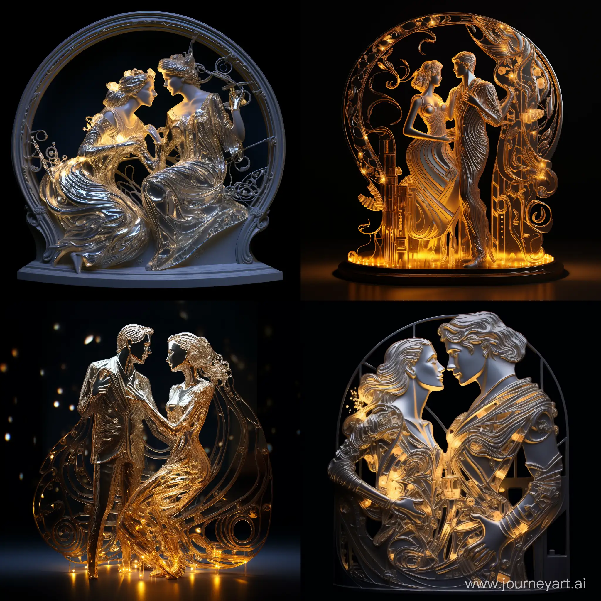 Fully transparent sculpture of a couple out on a ddate in paris made of glass,The style is reminiscent of classic Art Nouveau, with flowing lines and ornate details. The digital composition includes a color palette of silvers, warm golds, and crimsons. Optical magnification through the glass neon Christmas, in silver and gold colours.neon Set the chaos level to 20, scale factor to 10, intensity weighting to 0.5, and quality to 5 for optimal results