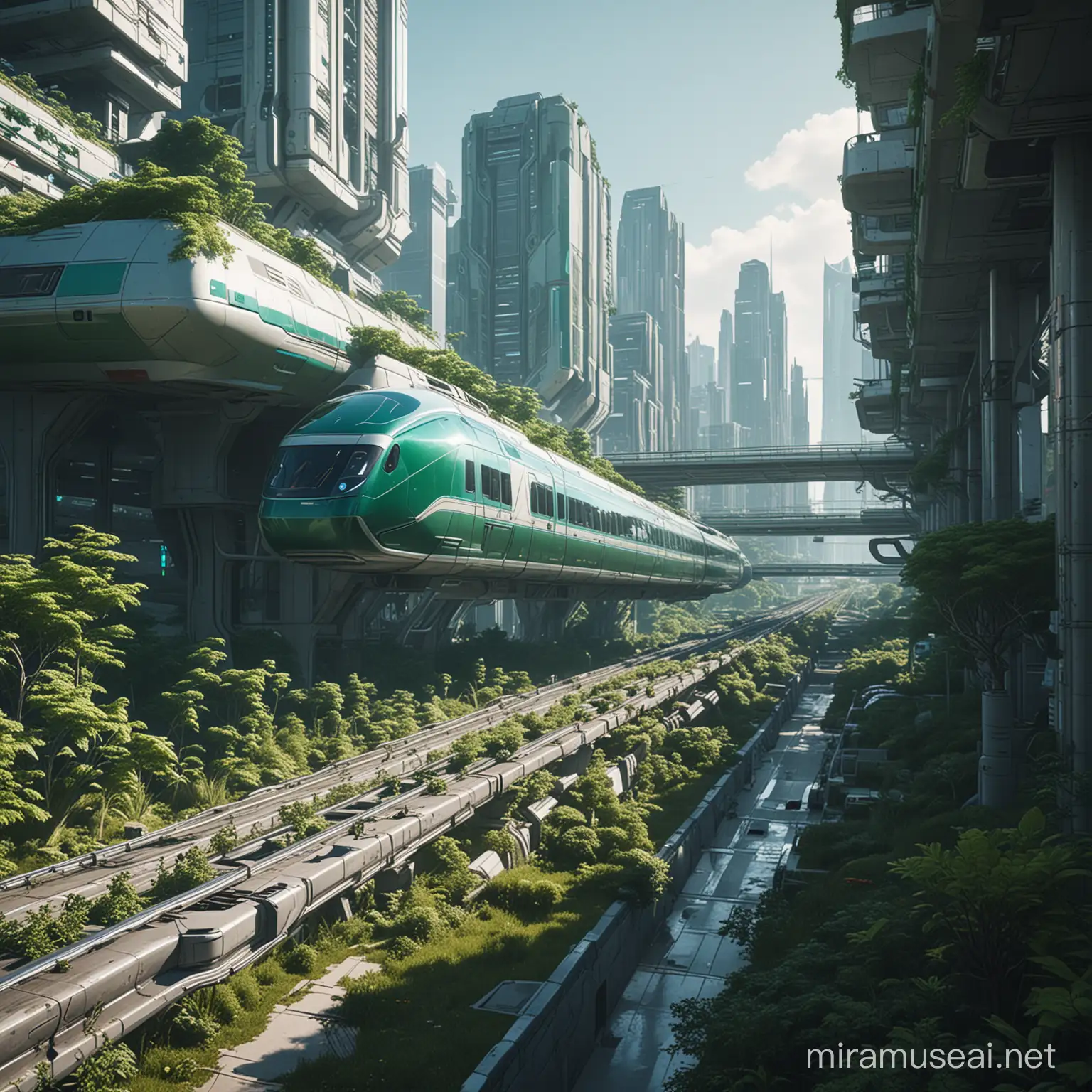 Futuristic Cyberpunk Cityscape with Midday Maglev and Utopian Greenery