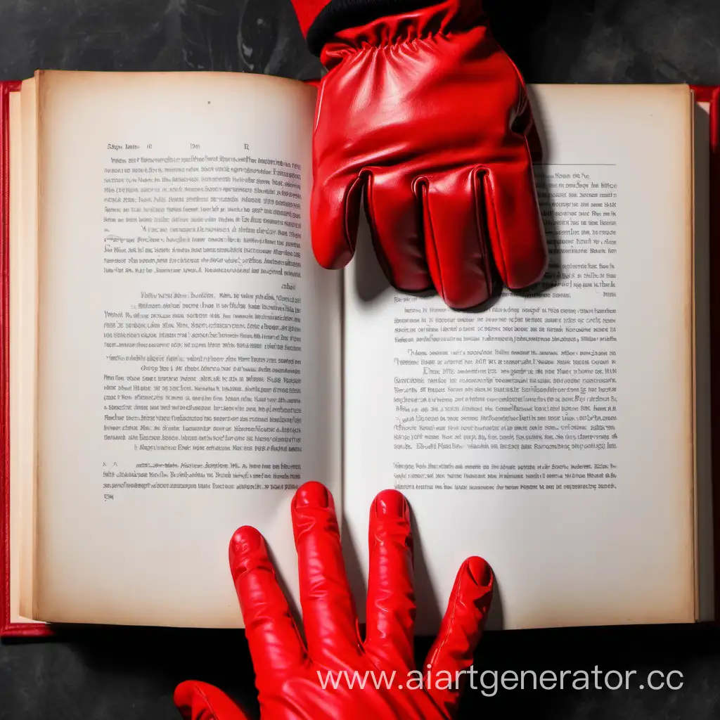 Пальцы руки в красной перчатке немного касаются открытой книги вид сверху