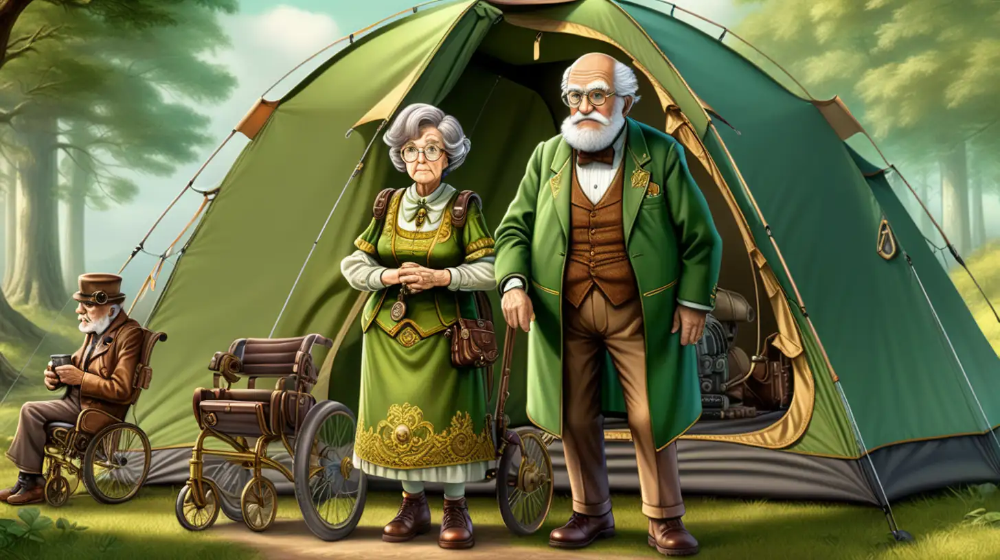Dystopian Victorian Grandparents Camping in Steampunk Style