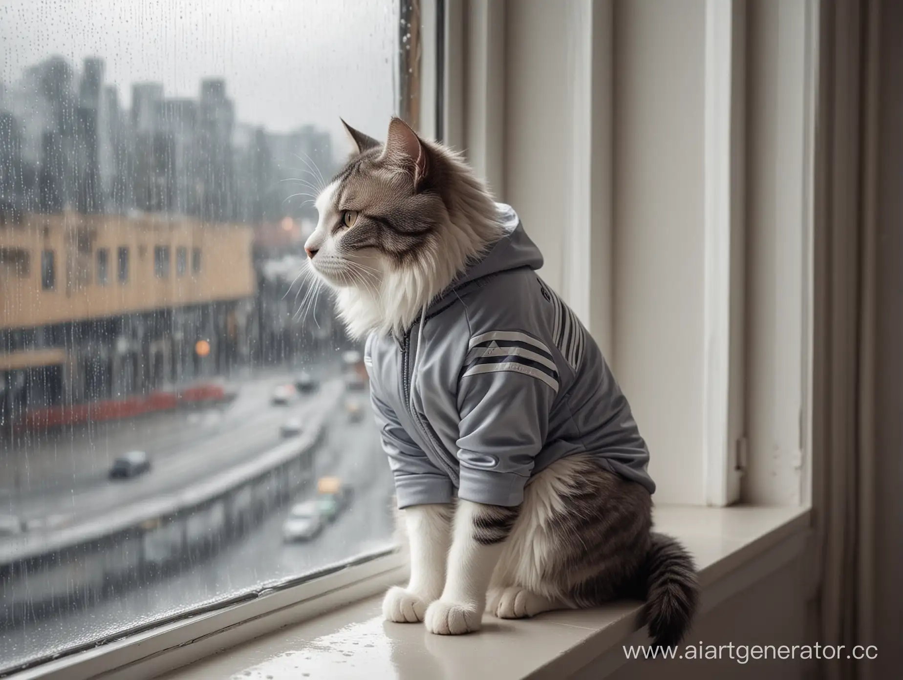 грустный кот в спортивном костюме Adidas сидит на подоконнике и смотрит в окно, за окном город под дождём